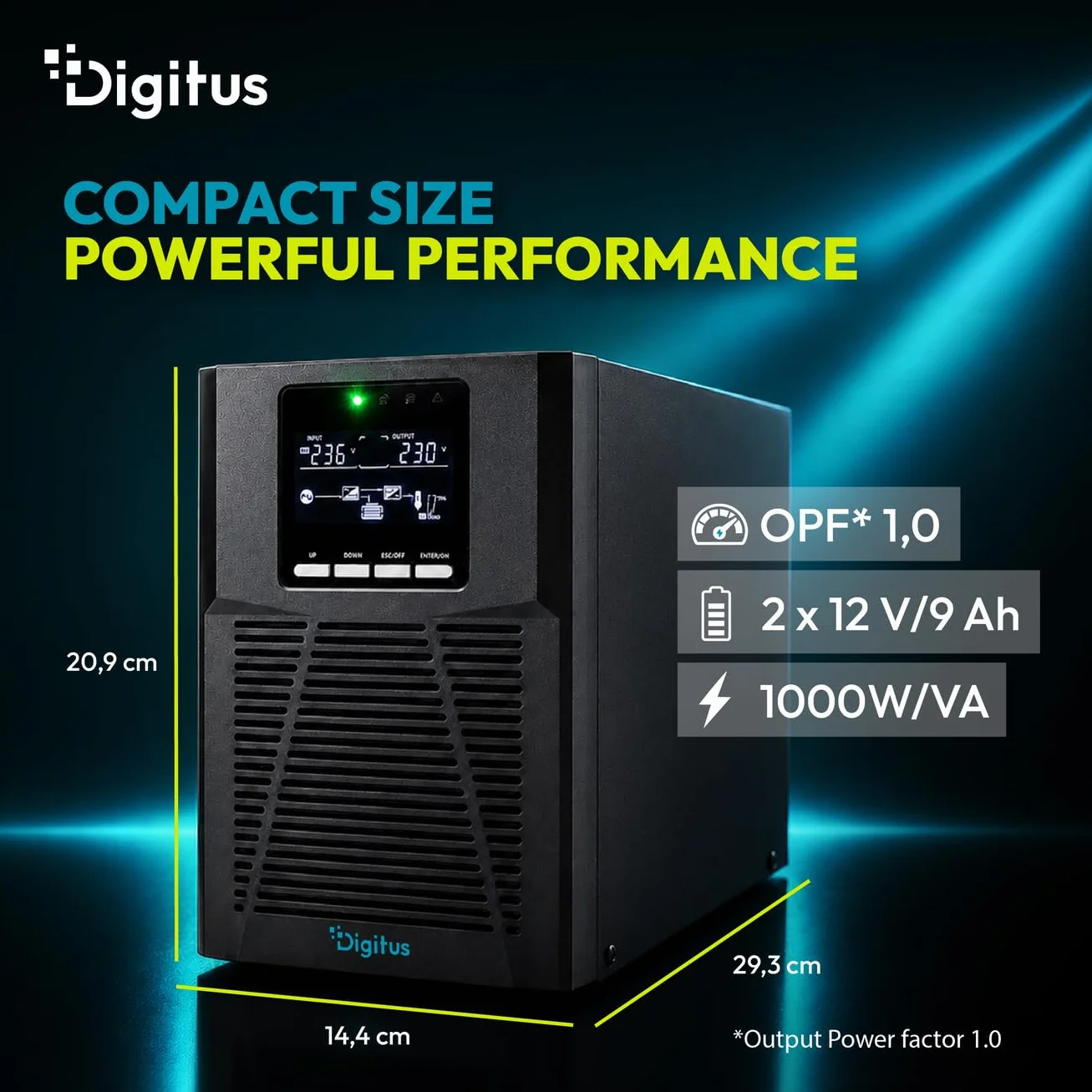 DIGITUS Zasilacz awaryjny – system UPS typu online – 1 kVA 1 kW – 4 gniazda IEC C13 – współczynnik mocy 1,0 – oprogramowanie UPS – porty RS232, RJ45 i USB – obudowa typu tower – czarny