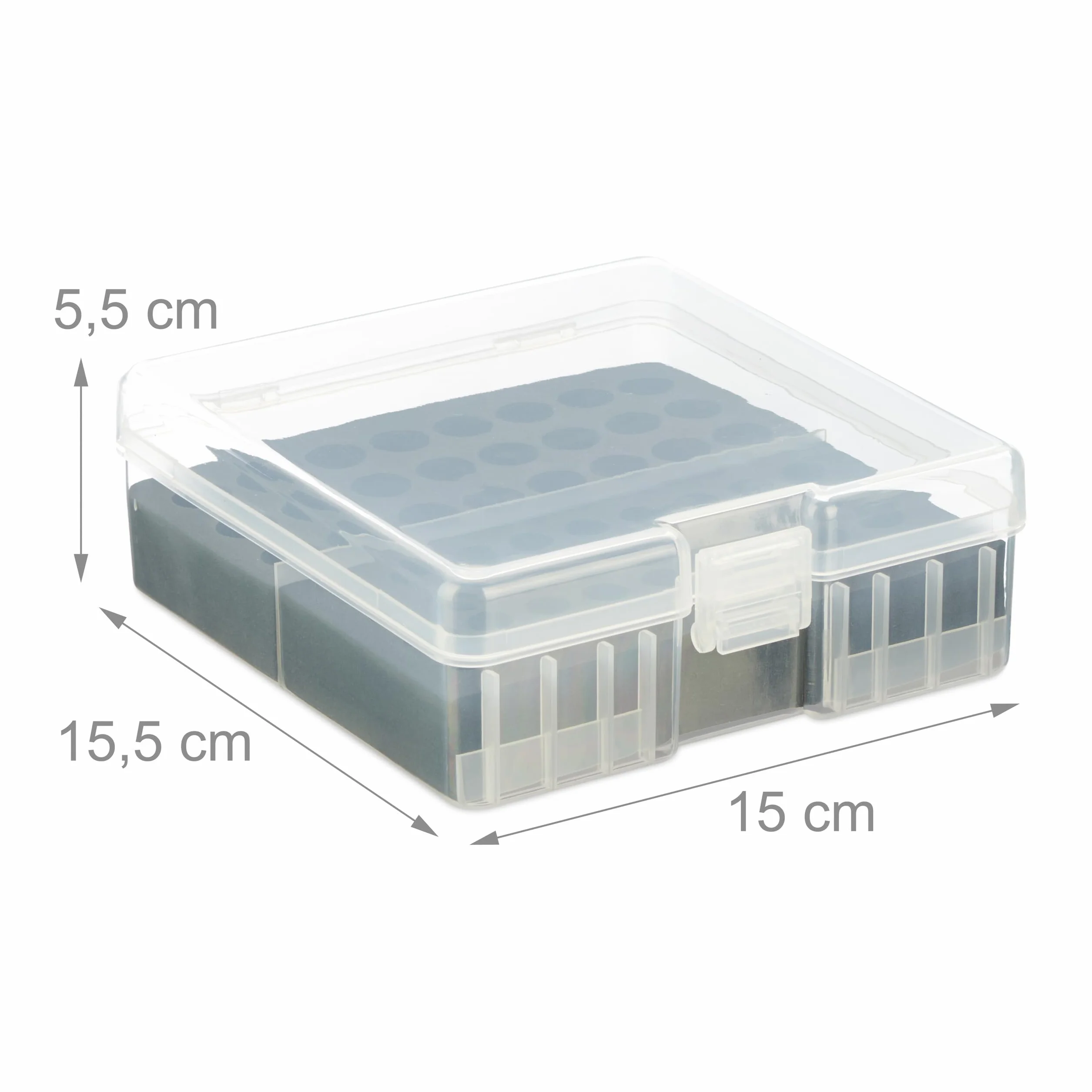 Relaxdays Pudełko na baterie z testerem, na 60 baterii AA i AAA, wys. x gł.: 5,5 x 15 x 15,5 cm, pudełko na baterie, przezroczyste/czarne