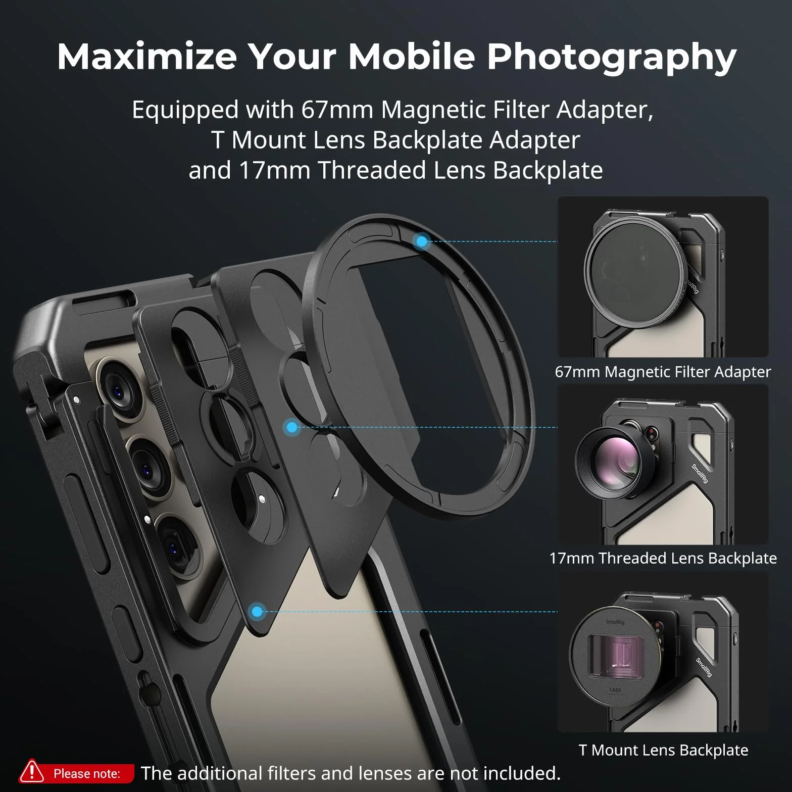SMALLRIG dla Samsung Galaxy S24 Ultra Phone Cage (projekt QR) z Adapterem Filtra 67mm, Płytką Tylną Obiektywu z Mocowaniem T, Płytką Tylną Obiektywu 17mm, Mobile Video Rig dla S24 Ultra - 4601