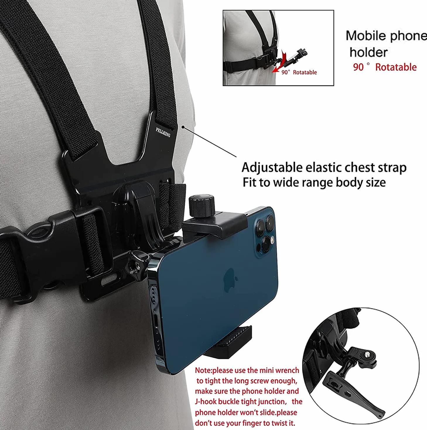 PellKing Uchwyt na pasek na klatkę piersiową do telefonu komórkowego klips na telefon komórkowy kamera POV do Samsung iPhone Plus itp