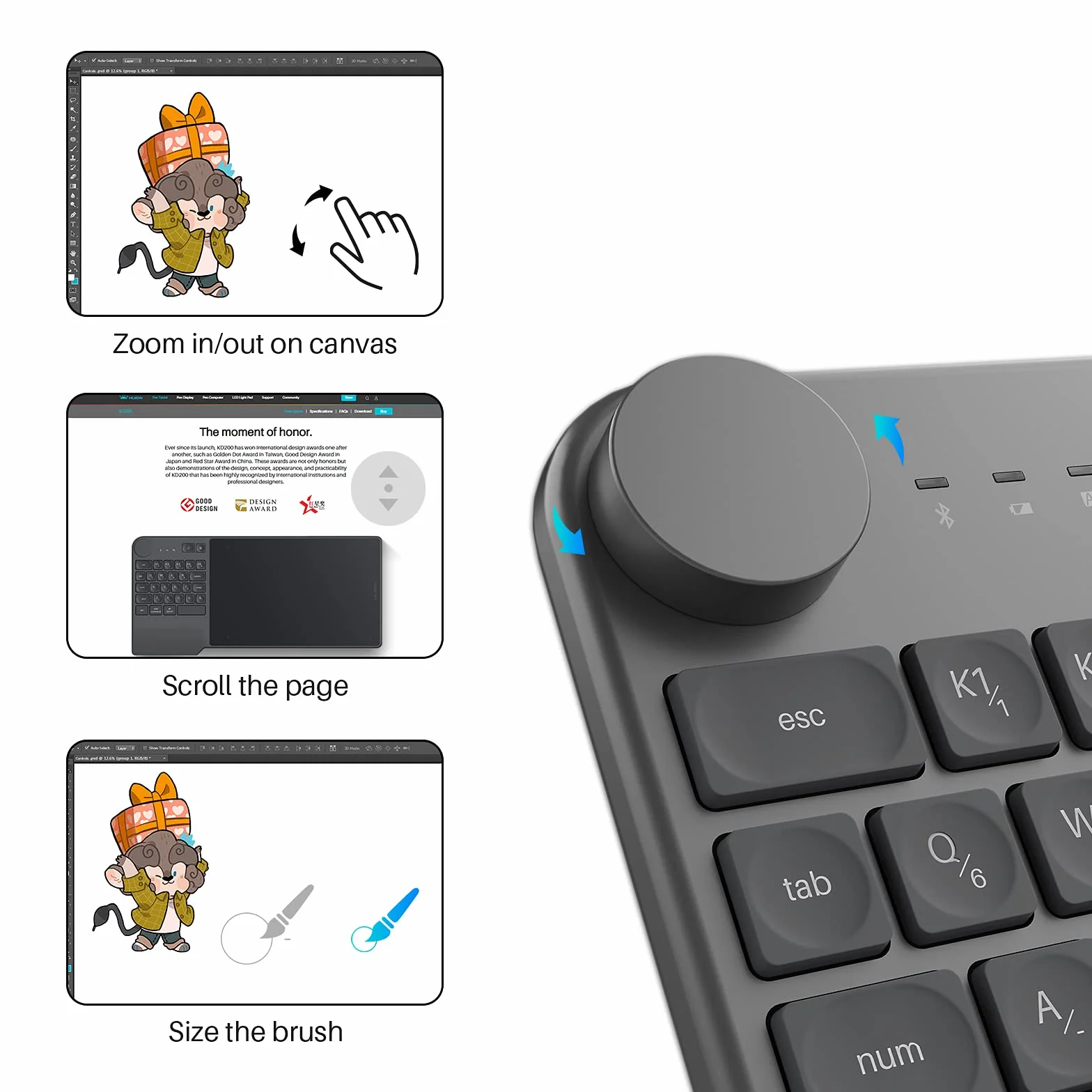Huion Graphics Tablet Inspiray Brenial KD200 Bluetooth 5.0 8,9 x 5,6 Calowa taca pióra w połączeniu z klawiaturą i sterownikiem wybierania, odpowiedni dla początkujących i profesjonalnych projektantów