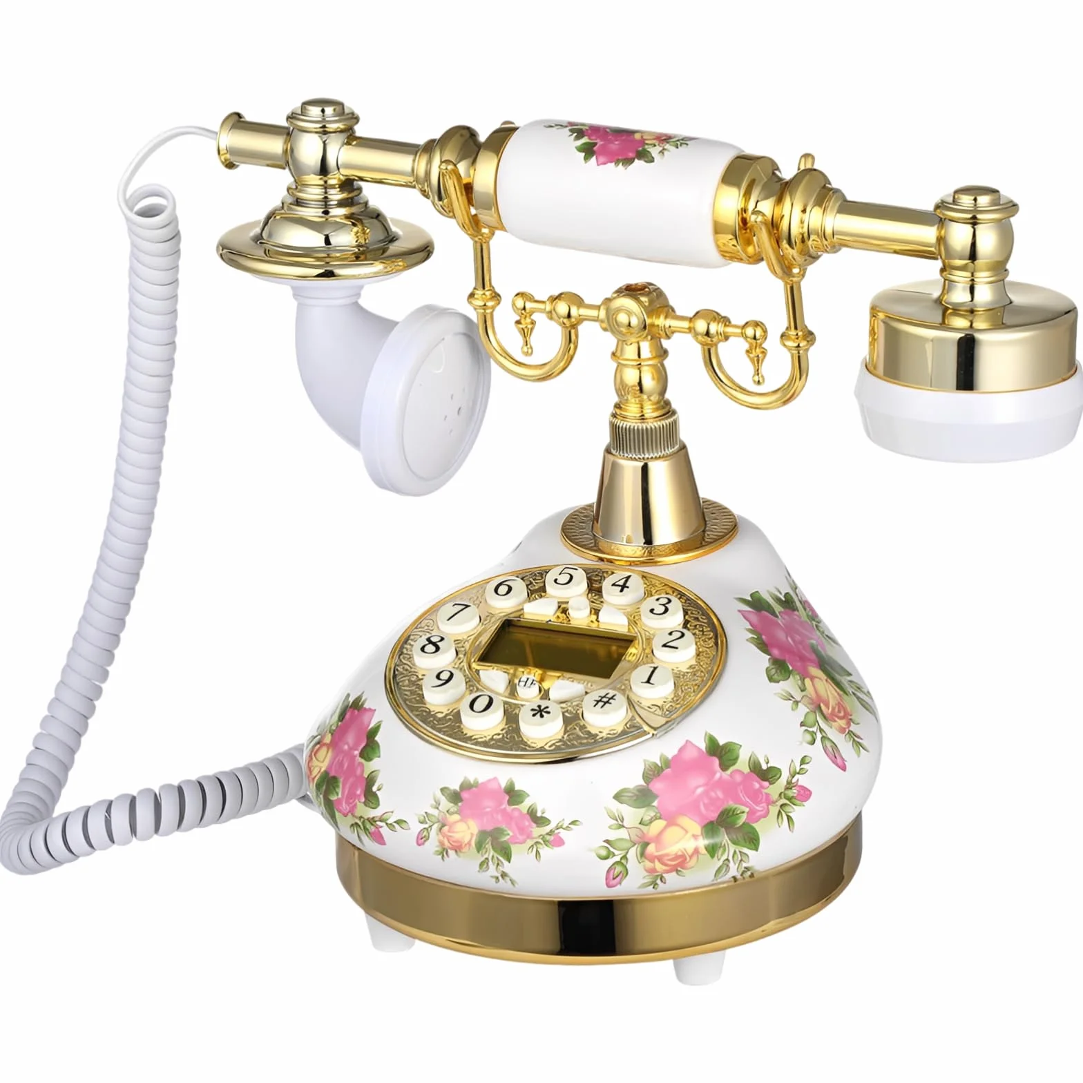 Antyczny ceramiczny telefon stacjonarny, telefon stacjonarny z nadrukiem kwiatowym, staromodny telefon z przyciskowym wyświetlaczem LCD, dzwonek z regulacją głośności telefonu stacjonarnego retro