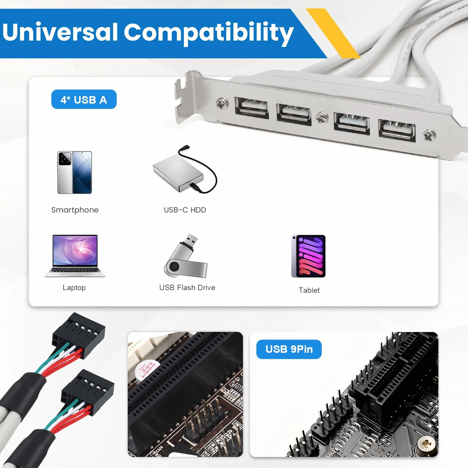 4 porty USB 2.0 do IDC 9-pinowe gniazdo przedłużające do 4 USB A żeńskie z gniazdem PCI 30 cm