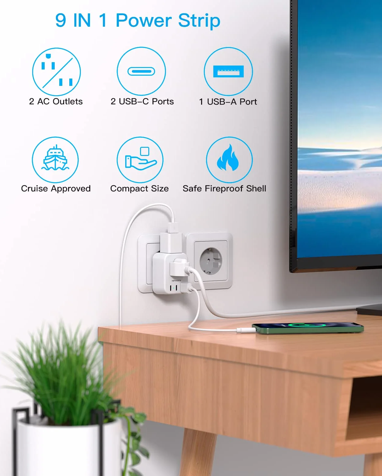 European Travel Plug Adapter USB C, International Plug Adapter, US to Europe Plug Adapter with 2 Outlets 3 USB Ports(2 USB C), Type C Power Adapter to Italy Spain France Portugal Iceland Germany