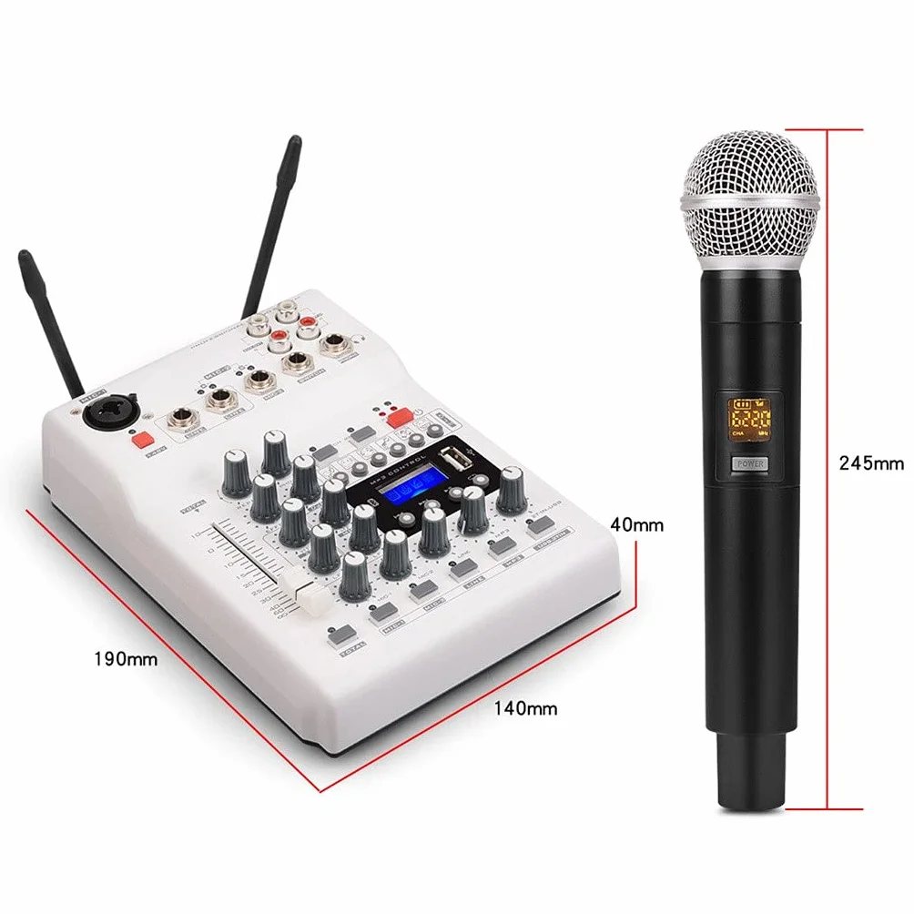 RUHEN Przenośna konsola miksująca DJ, karta dźwiękowa z mikrofonem UHF, 2-kanałowa, do nagrywania w studiach, PC, sieciowych i na żywo