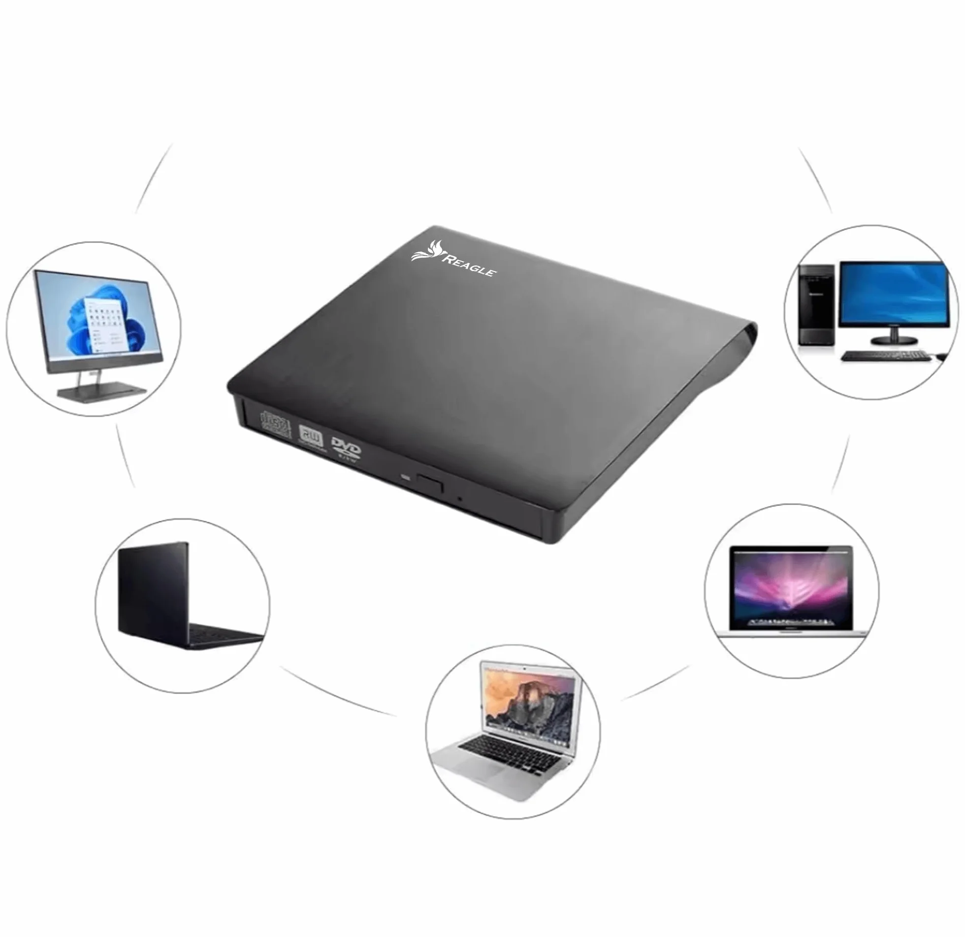 Reagle Zewnętrzny napęd CD/DVD USB-C i USB-A 2 w 1, zewnętrzny palnik i czytnik do laptopów Windows Linux Plug & Play USB 3.2 Gen 1 5 Gbps Slim Design czarny