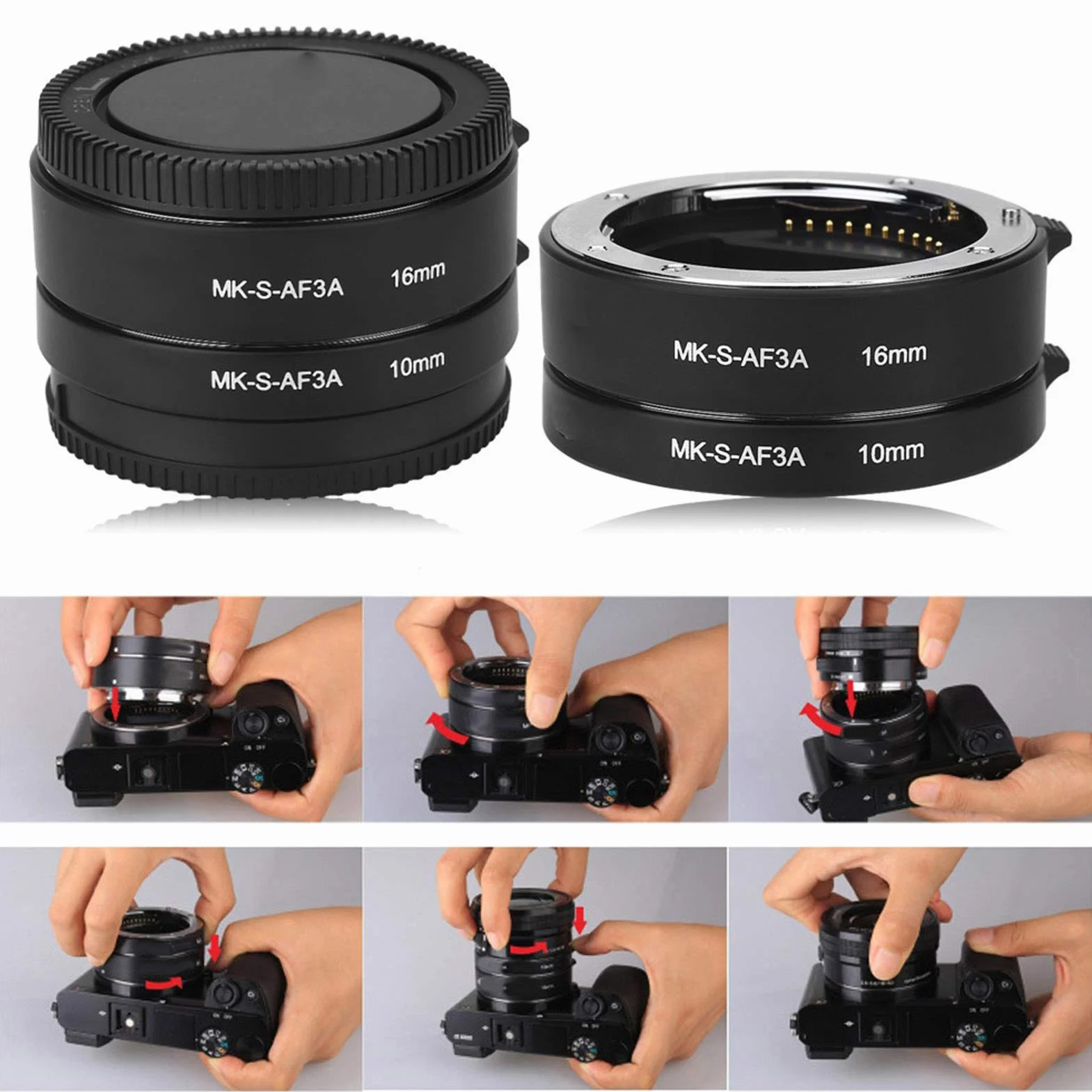 Zestaw pierścieni przedłużających EBTOOLS, automatyczny autofokus 10 mm 16 mm rurka przedłużająca makro Zestaw rur przedłużających obiektyw do serii Sony E / FE NEX3 NEX5 NEX6 NEX7 A5000 / A6000 / A7 / A7M2