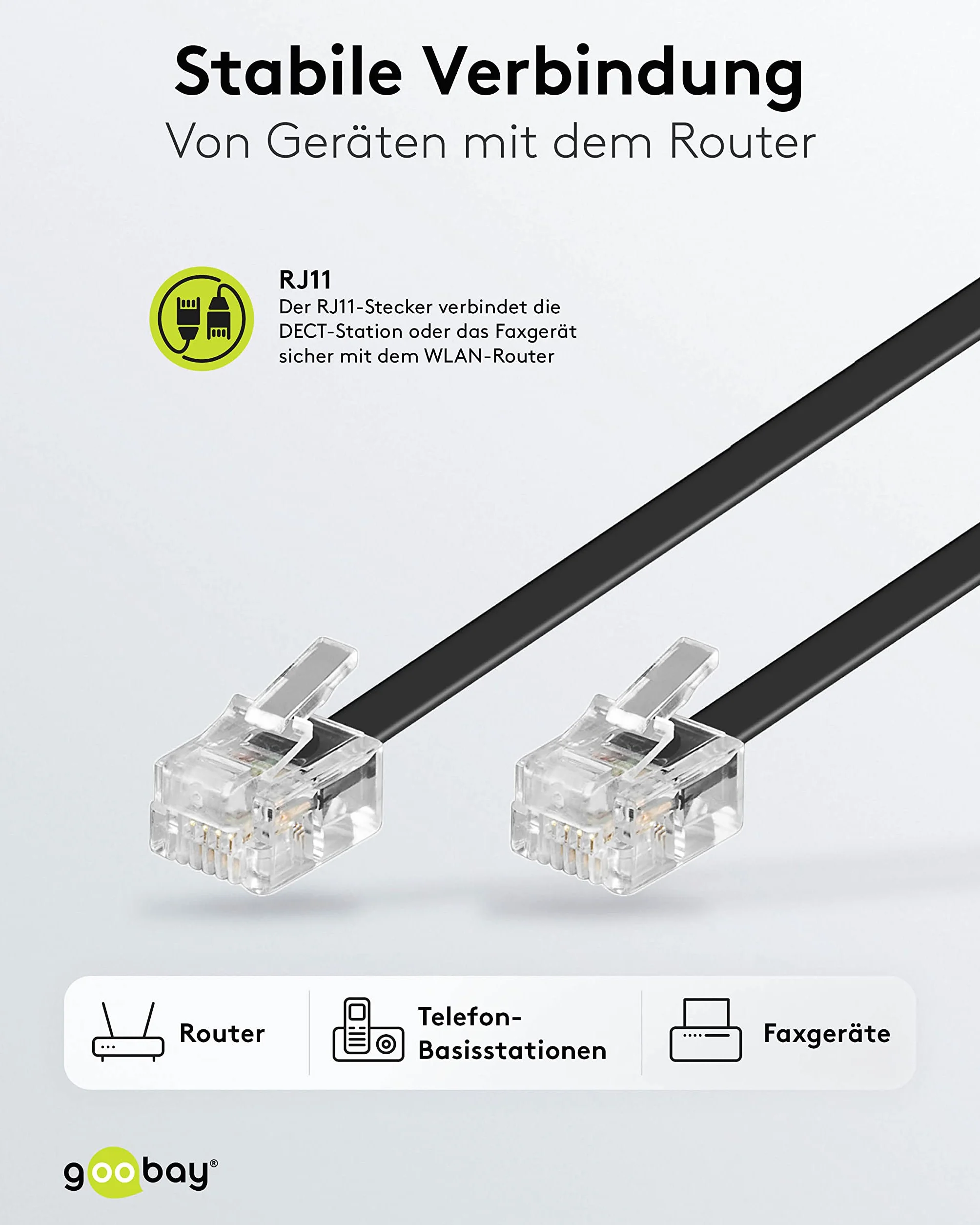 Goobay 50317 Kabel Przyłączeniowy Modułowy wtyk RJ11/RJ14 (6P4C) na wtyk RJ11/RJ14 (6P4C), 3 m Czarny