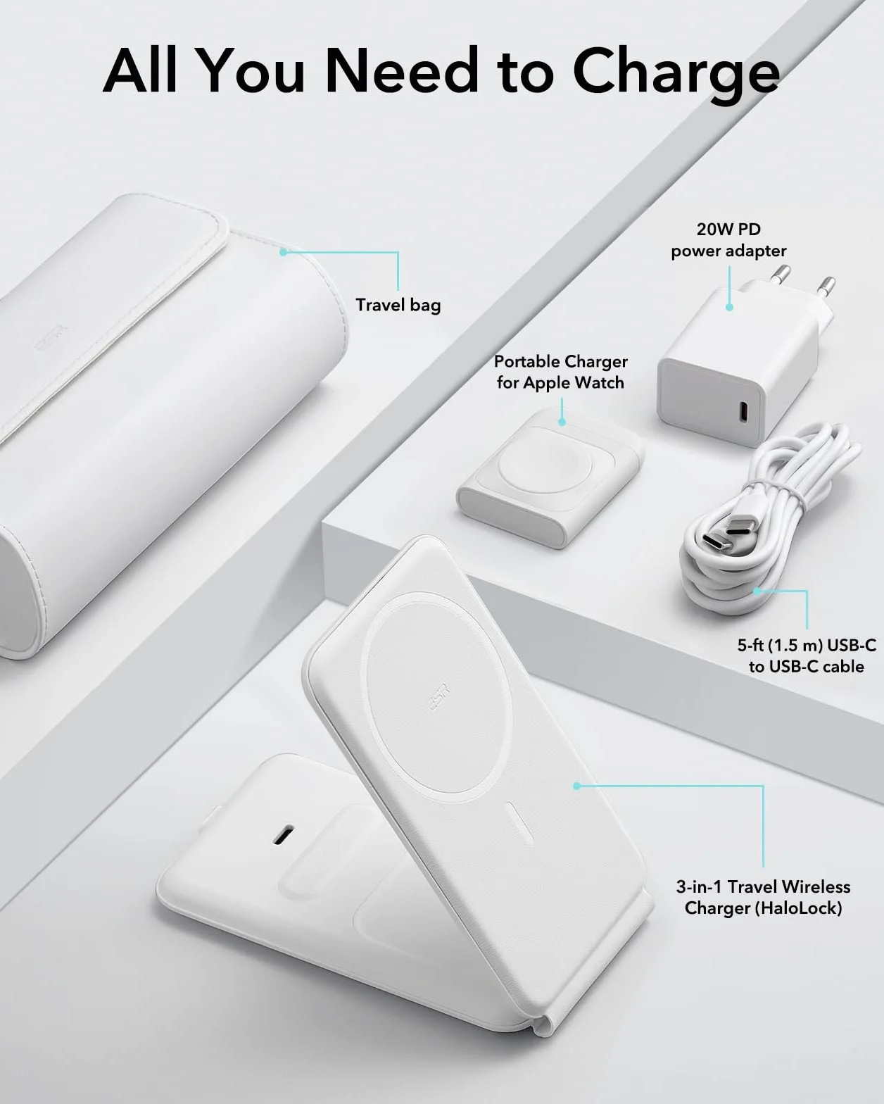 ESR Przenośna stacja ładująca 3 w 1, Apple Watch i iPhone, iPhone z certyfikatem Apple Watch, ładowarka Magsafe do iPhone 15/14/13/12, Apple Watch 9/8/7/SE, AirPods Pro/3/2