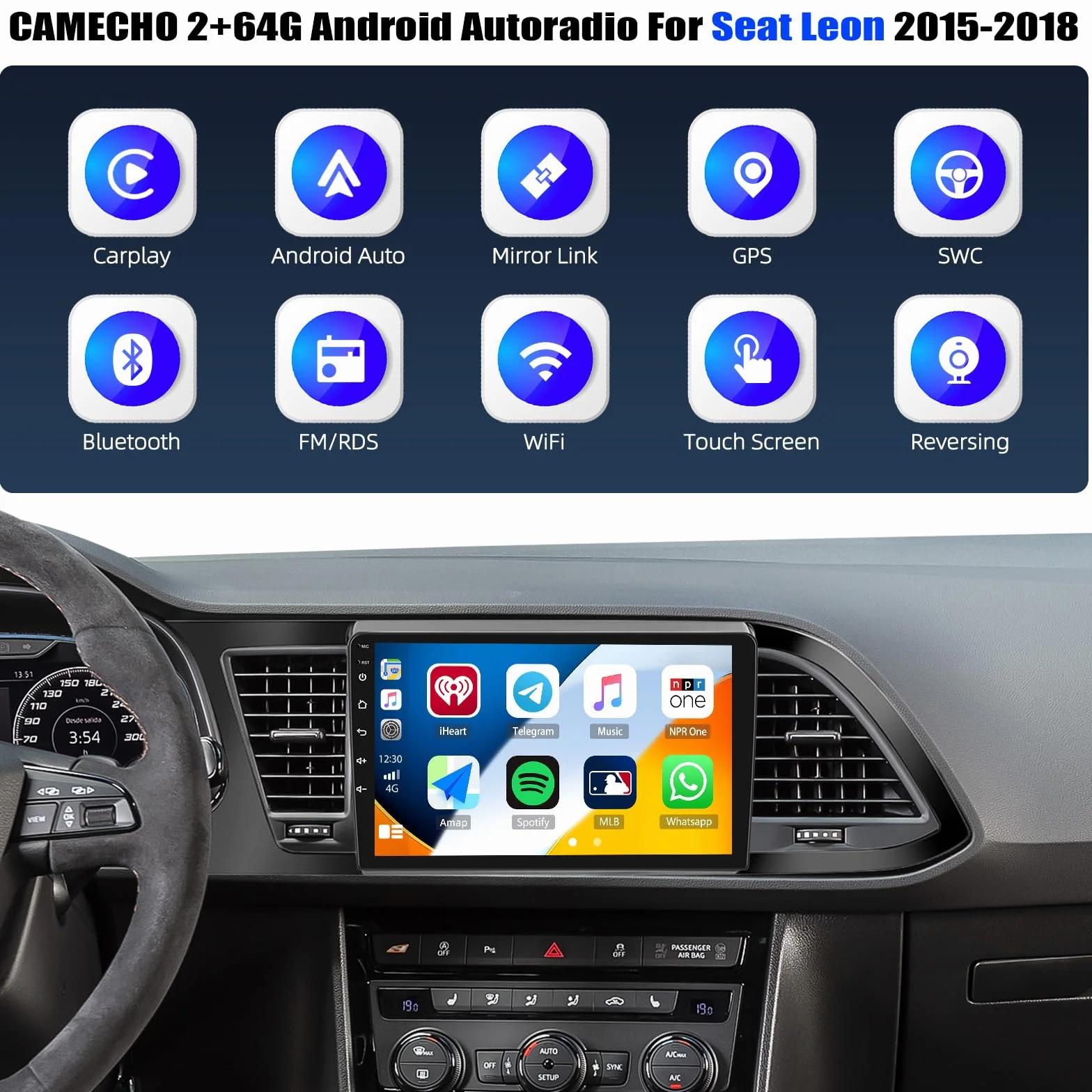 CAMECHO Radio samochodowe 2+64G 9 cali do Seat Leon 2015-2018, Android 13 z kamerą cofania, GPS, Wi-Fi, bezprzewodową funkcją CarPlay, Bluetooth HD Radio z systemem Android, FM, RDS