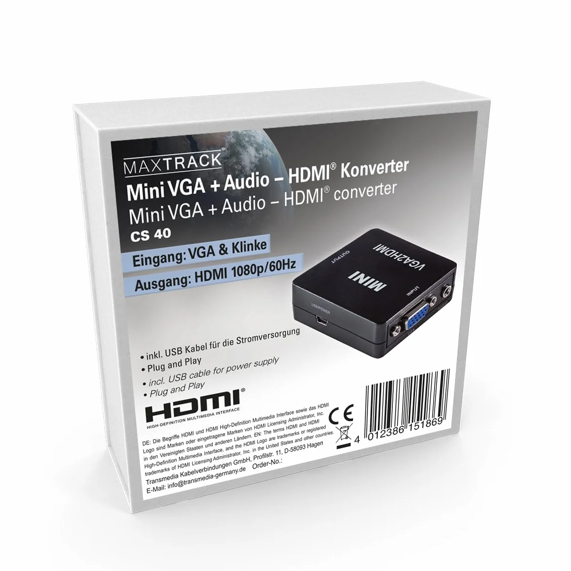 MAXTRACK Konwerter VGA na HDMI – CS40L, adapter HDMI, VGA na HDMI, Plug & Play, 1080p/60Hz Full HD, adapter VGA na HDMI kompatybilny z PC/laptopem, projektorem, monitorem, w zestawie kabel zasilający