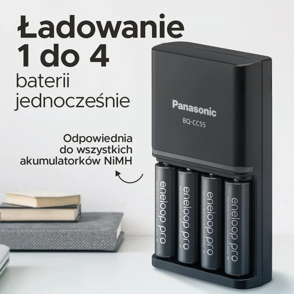 Ładowarka Panasonic eneloop SmartPlus do 1–4 akumulatorów AA/AAA Ni-MH z 4 wskaźnikami LED i 10 funkcjami bezpieczeństwa, w zestawie z 4 akumulatorami eneloop AA/Mignon, min. 2500 mAh, czarna