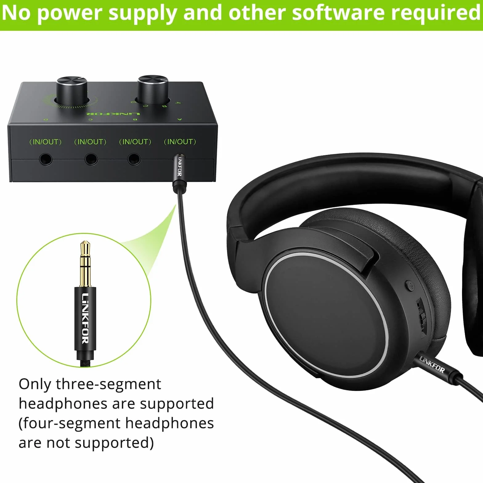 LiNKFOR 4-portowy przełącznik audio stereo 3,5 mm z regulacją głośności, dwukierunkowy przełącznik 1 w 4 wyjścia lub 4 w 1 wyjście AUX do słuchawek, głośników, komputera, laptopa, smartfona - nie