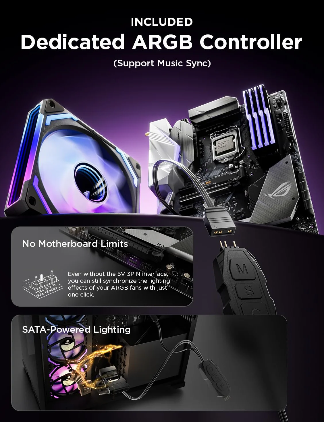 AsiaHorse COSMIQ wentylator do komputera RGB 120 mm, wentylator obudowy 3 sztuki, ARGB Daisy Chain PC wentylator [Infinity Mirror] [FDB] 2000 RPM/68,5 CFM/24 diody LED 4 piny PWN i 5 V 3-pinowe ARGB z