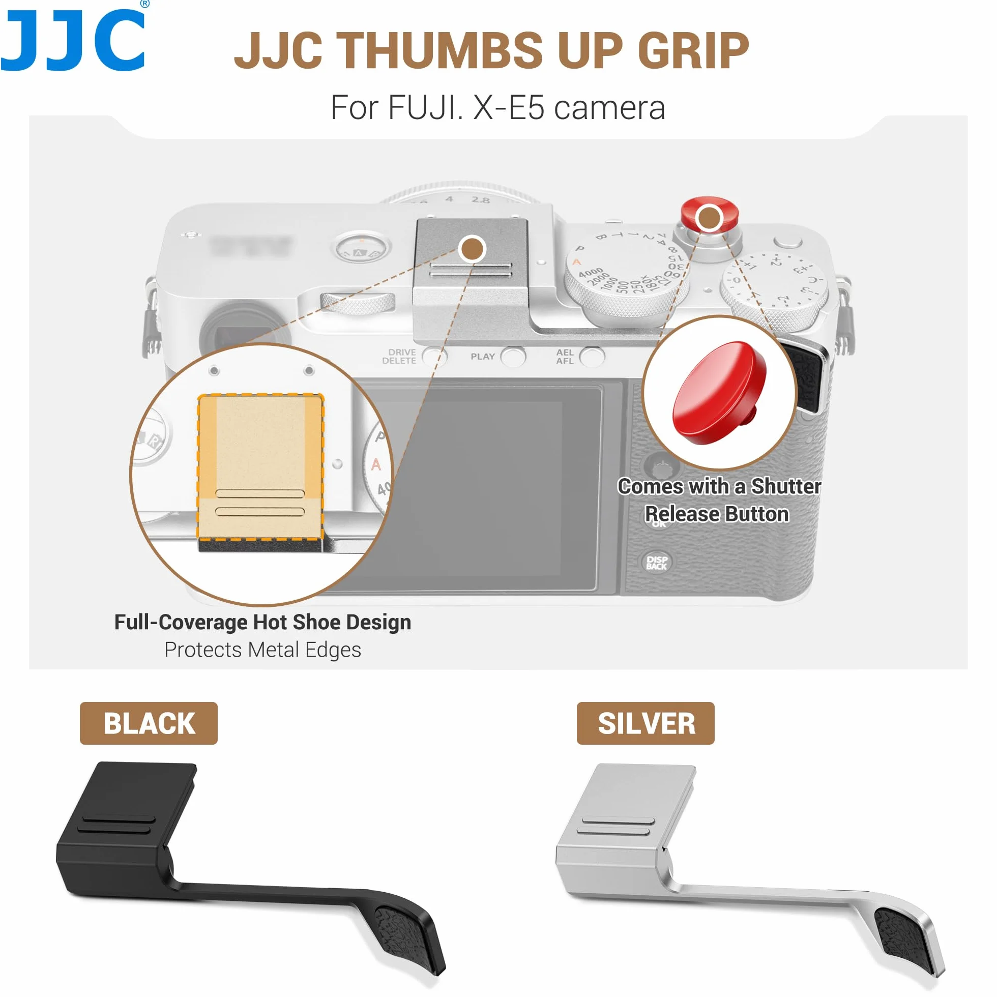 JJC Metalowa osłona stopki Full Cover Thumb Up Grip z przyciskiem migawki kompatybilna z aparatami Fujifilm X-E5, XE5, silikonowe wkładki Thumb Hand Grip przeciwpyłowe i antypoślizgowe, srebrne