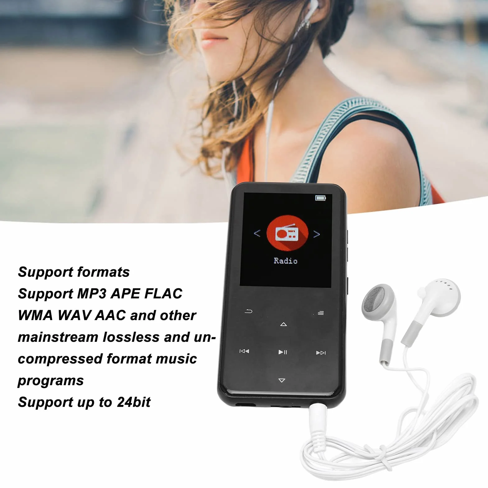Odtwarzacz Muzyczny, Redukcja Szumów Gniazdo Wyjścia Liniowego Stereo 3,5 Mm Odtwarzacz Muzyczny MP3 Szybkie Nadawanie Radio FM 2,4-calowy Ekran TFT Układ Dekodujący DAC na Co