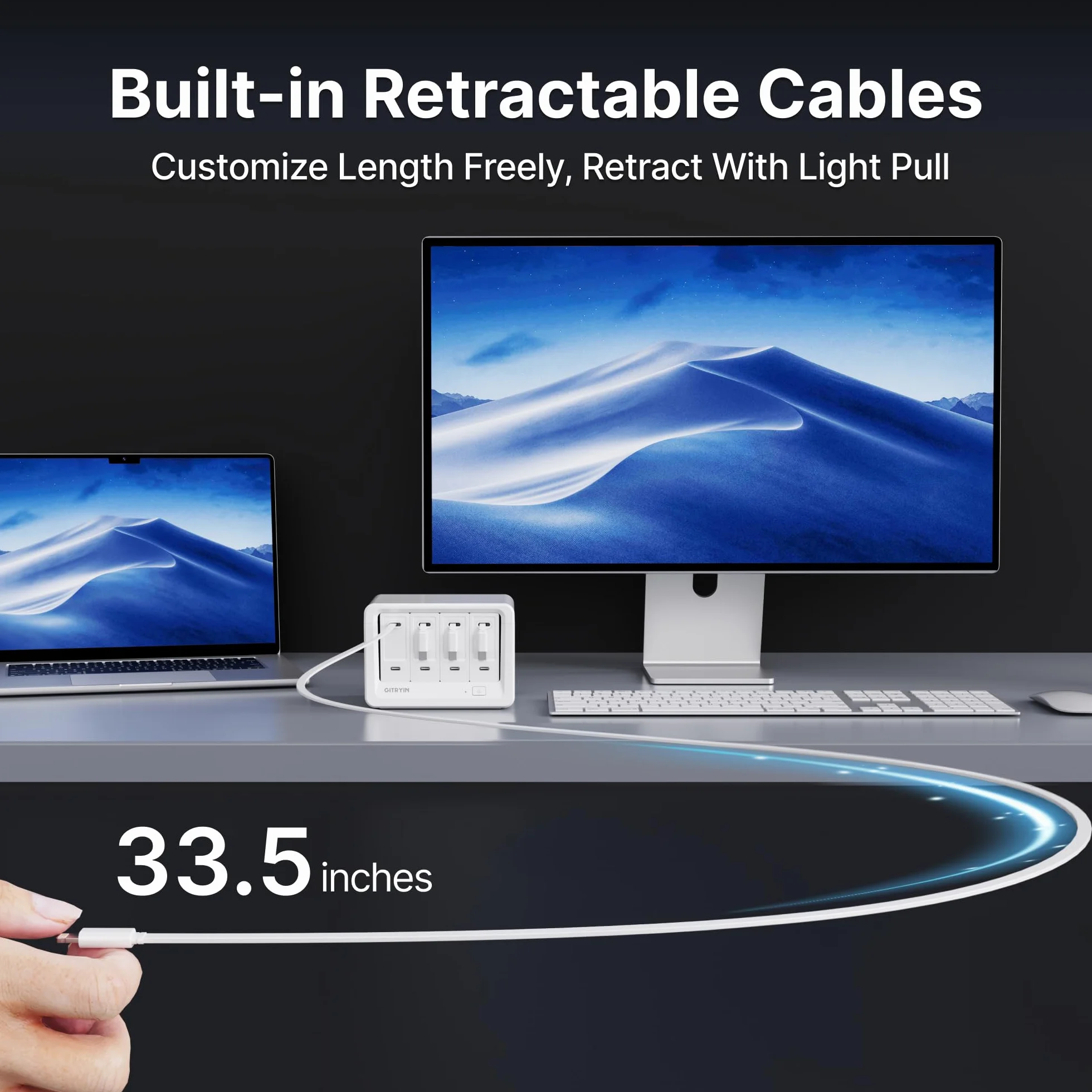 Gitryin Stacja ładująca 12 w 1 z 3 wysuwanymi ładowarkami typu C i 1 ładowarką Lightning, 40 W USB-C z kablem 80 cm, przedłużacz z zabezpieczeniem przed
