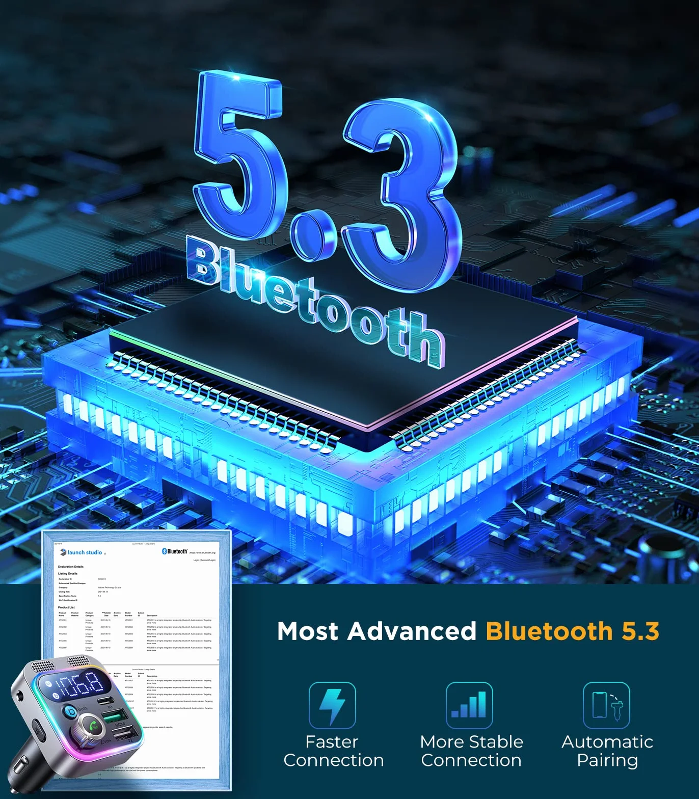 JOYROOM Adapter Aux Bluetooth Samochodowy, Radio samochodowe z nadajnikiem Bluetooth 5.3 FM [Mocniejsze dwa mikrofony i głęboki bas HiFi] Odtwarzacz muzyczny, 48 W PD i QC3.0, zestaw głośnomówiący