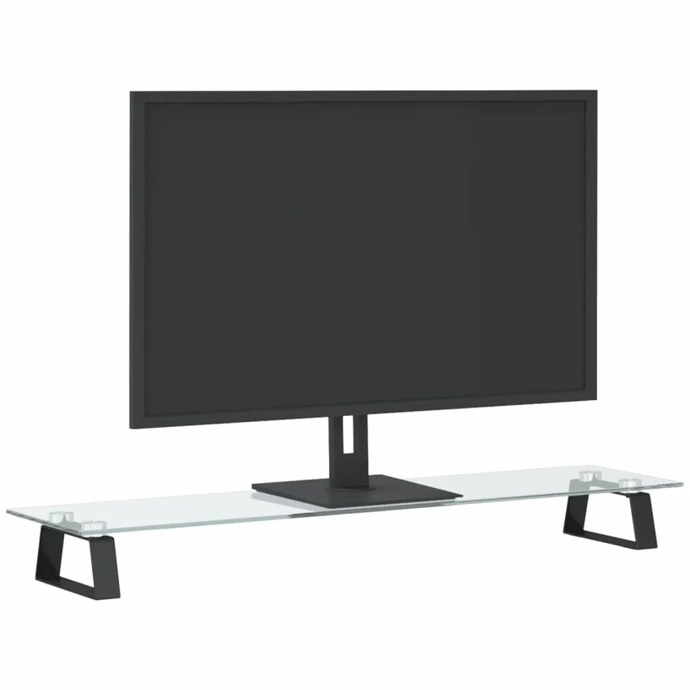 Podstawka pod monitor, czarna, ze szkła hartowanego i metalu, 80 x 20 x 8 cm, obciążenie 10 kg, półka na klawiaturę, podkładka pod mysz, organizer na miejsce pracy, do biura, domowego biura