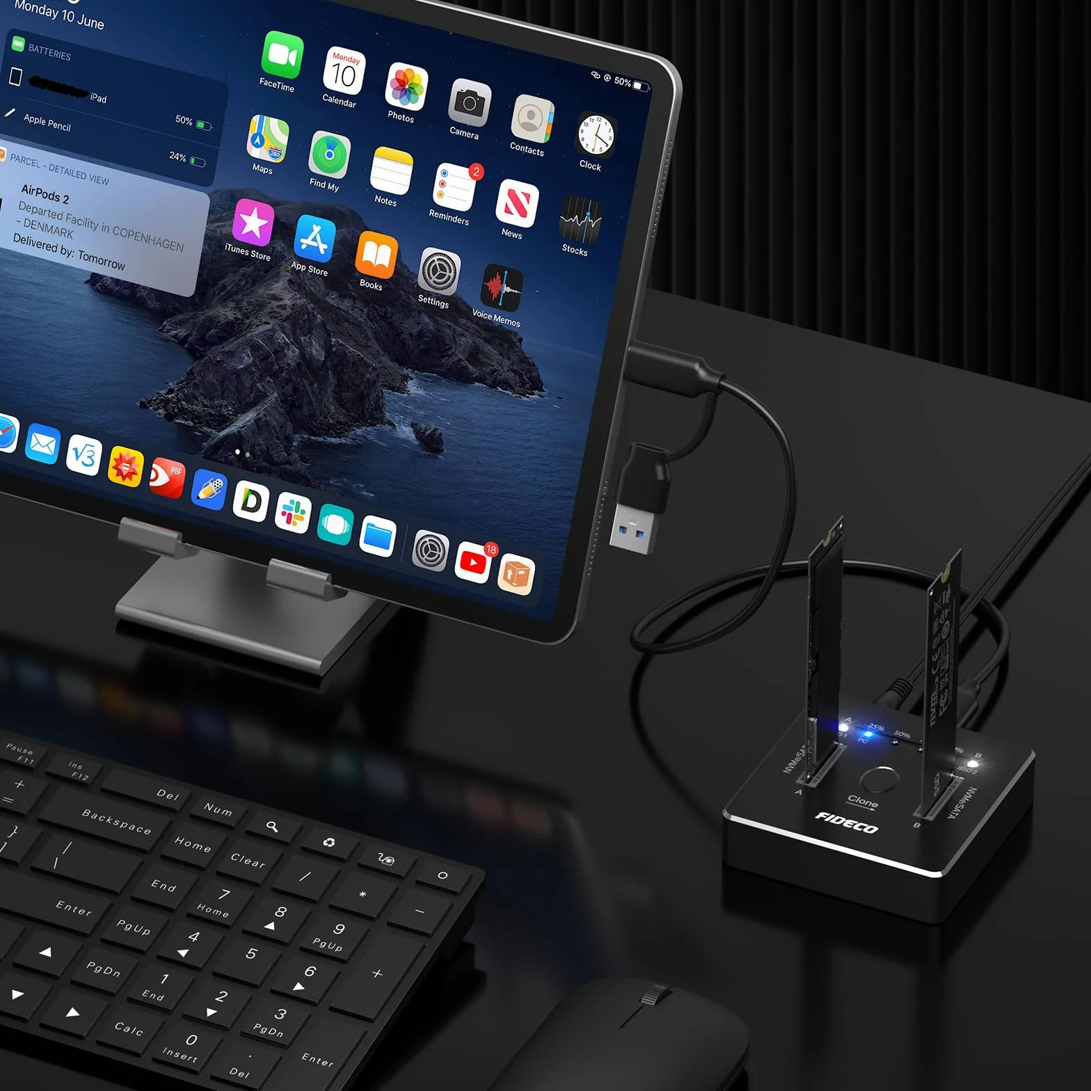 FIDECO Stacja dokująca M.2 NVMe SATA SSD, USB 3.2 Gen 2, podwójna stacja dokująca NVMe SATA SSD 20 Gb/s, obsługa klonu offline, UASP i TRIM, aluminiowa konstrukcja
