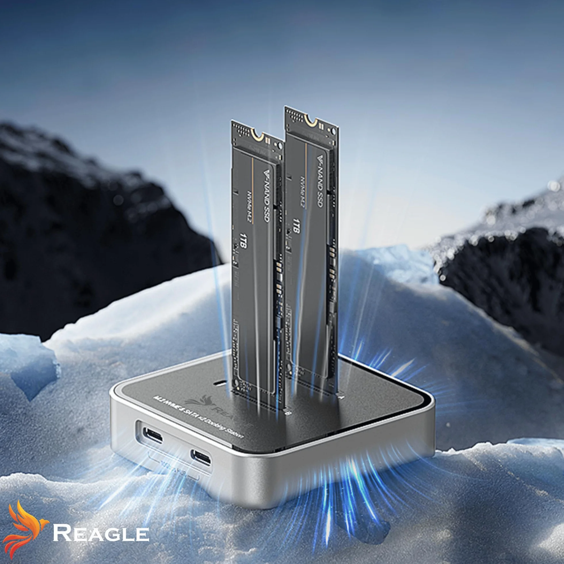 Reagle Dual M.2 NVMe SATA stacja dokująca, USB-C 3.2 Gen2 10 Gbit/s, 2 × M.2 SSD jednocześnie, wsparcie 16 TB, aluminiowa obudowa, klucz M i B+M Key, Plug & Play, w zestawie kabel USB-A/USB-C