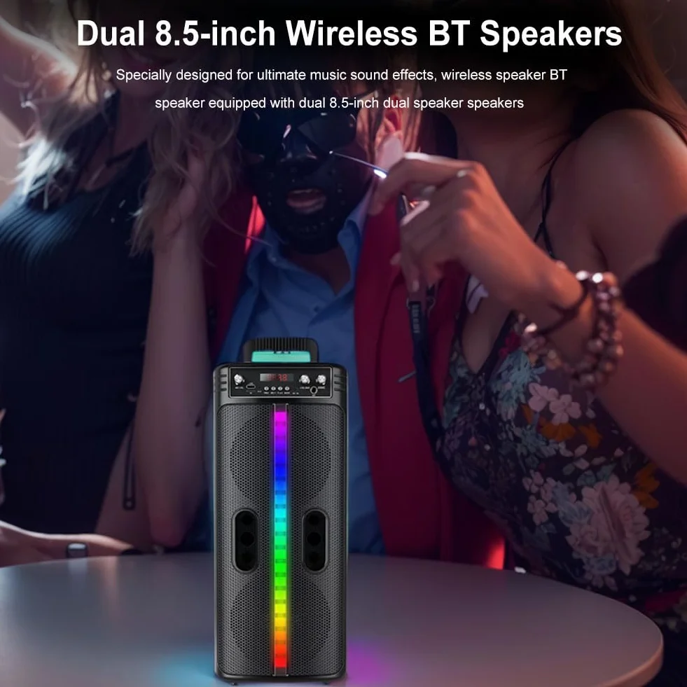 Głośnik Bluetooth ze zdalnym mikrofonem, podwójny subwoofer stereo system dźwiękowy, radio FM, kolorowe światła, przenośna podróż na świeżym powietrzu