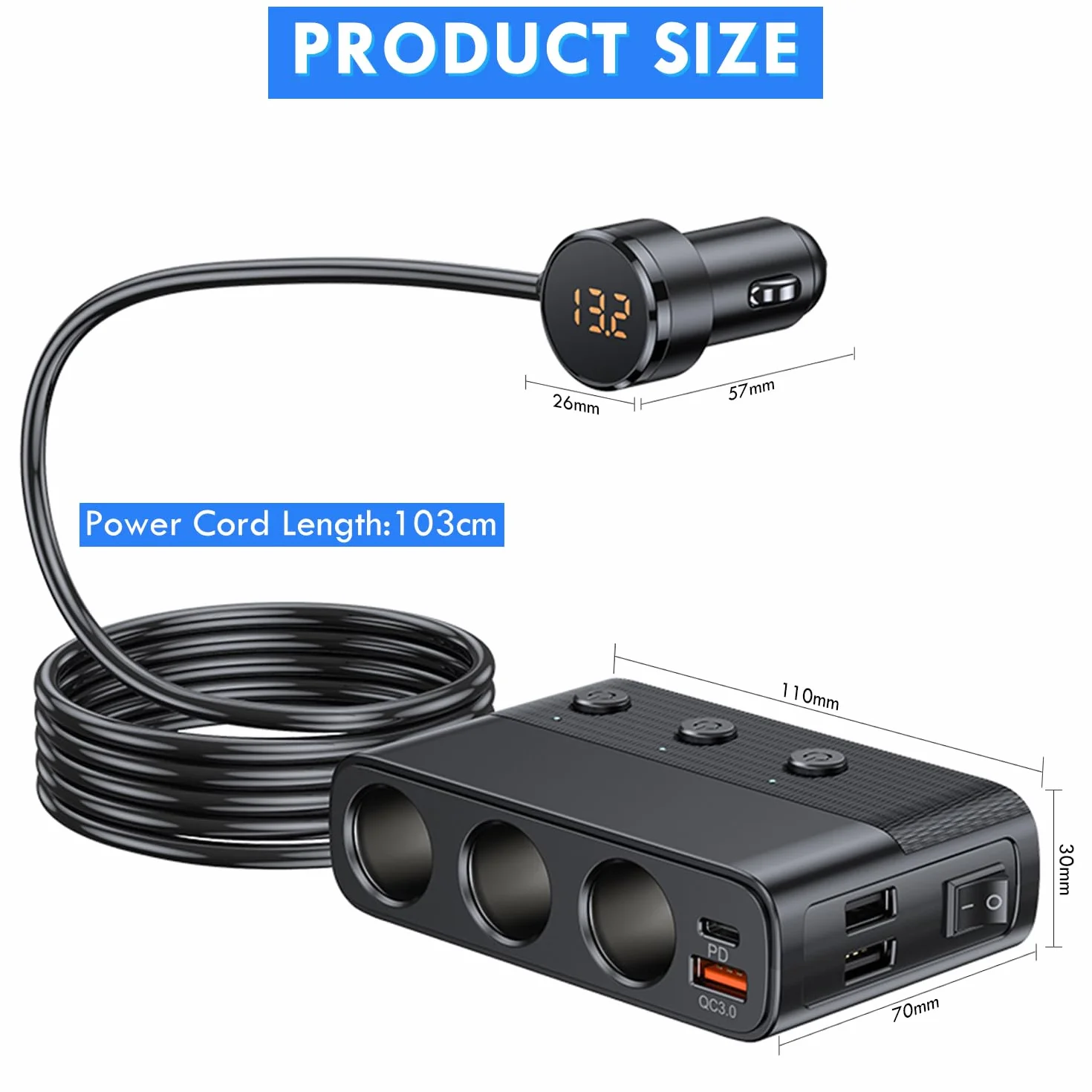 Rozdzielacz Zapalniczki Samochodowej 12V/24V, Ładowarka Samochodowa PD QC3.0 USB 127W z 3 Gniazdami i 4 Portami USB, Rozdzielacz Zapalniczki z Woltomierzem LED i Przełącznikiem