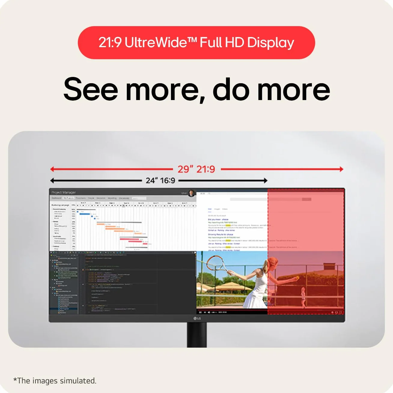 LG UltraWide Monitor 29U511A - UWFHD 1080p IPS 73.7 cm, 100Hz, 5ms GtG, HDR10, wyświetlacz biurowy i stacjonarny, tryb czytnika i bezpieczny migotanie, inteligentna oszczędność energii, DisplayPort