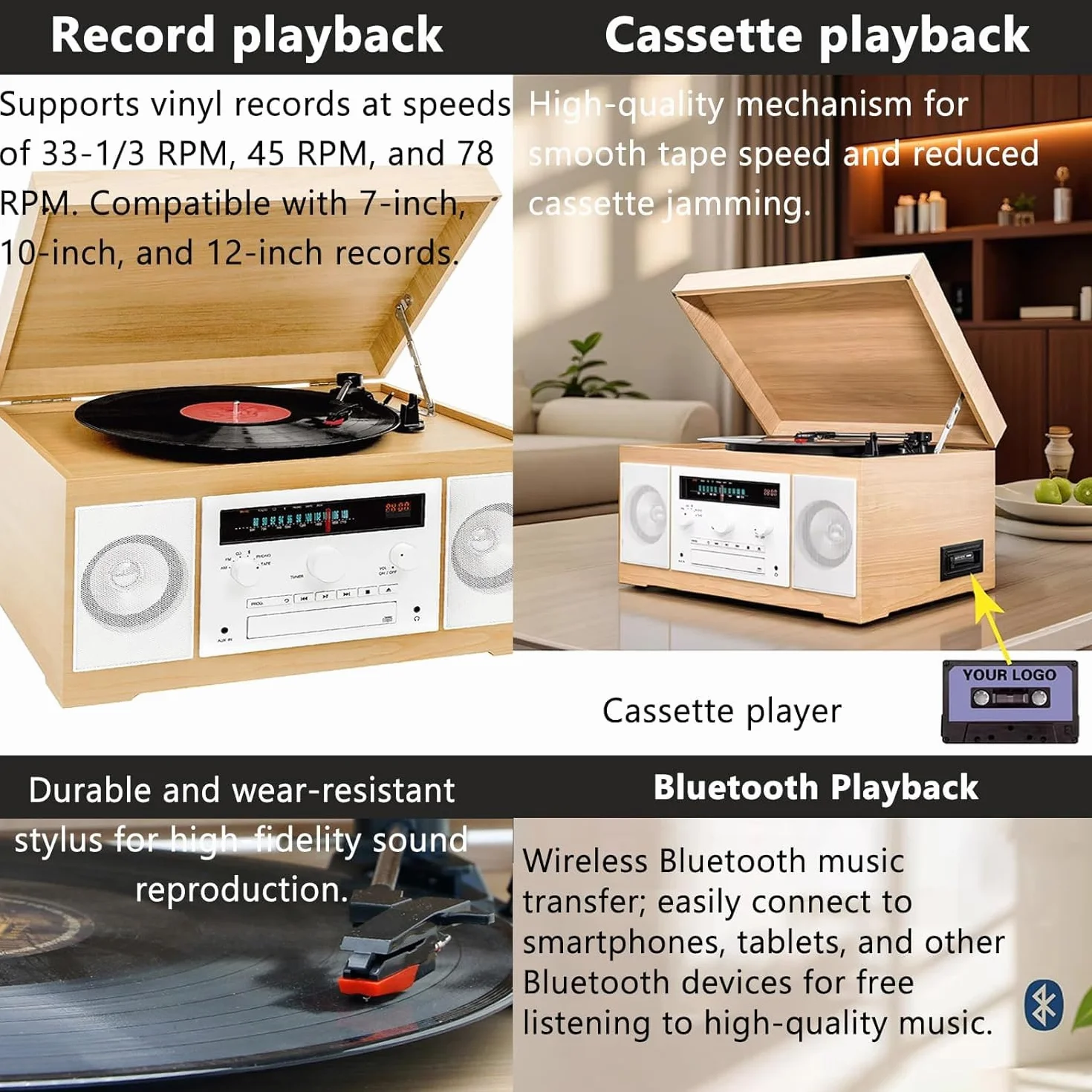 Wielofunkcyjny odtwarzacz audio z Bluetooth, radiem, kasetą i wejściem AUX do muzyki, wiadomości i rozrywki