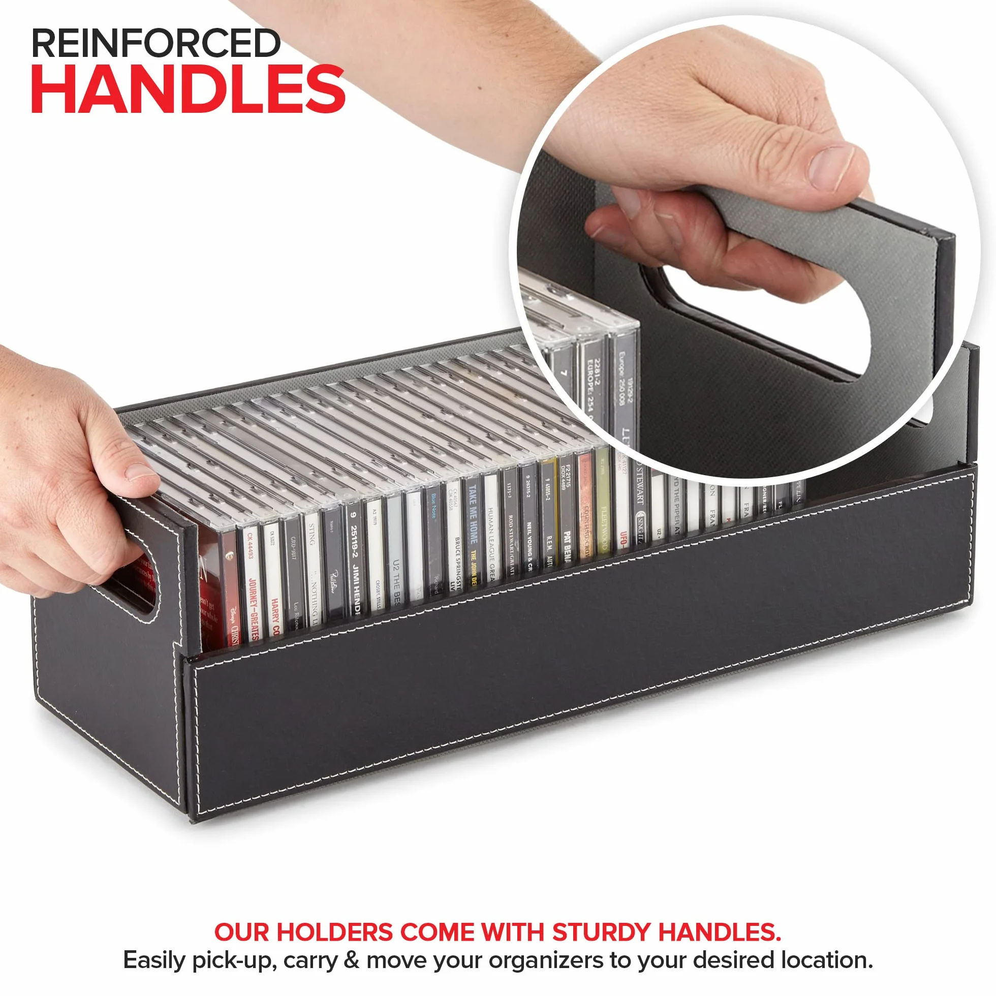 Stock Your Home CD Storage Box, Organizer Shelf for Movie Cases, DVDs, Cassette Tape Display Stand, Disc Holder Can Store Up to 40 CDs, Faux Leather (Black)