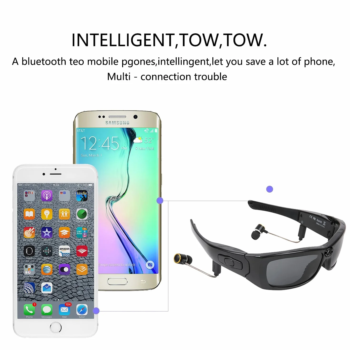 Okulary do Aparatu Full HD 1080p, Zdjęcia i Wideo, Okulary do Noszenia Bluetooth, Okulary do Spolaryzowanych Okularów Mini Kamera Wideo dla Mężczyzny i Kobiety, Okulary Sportowe