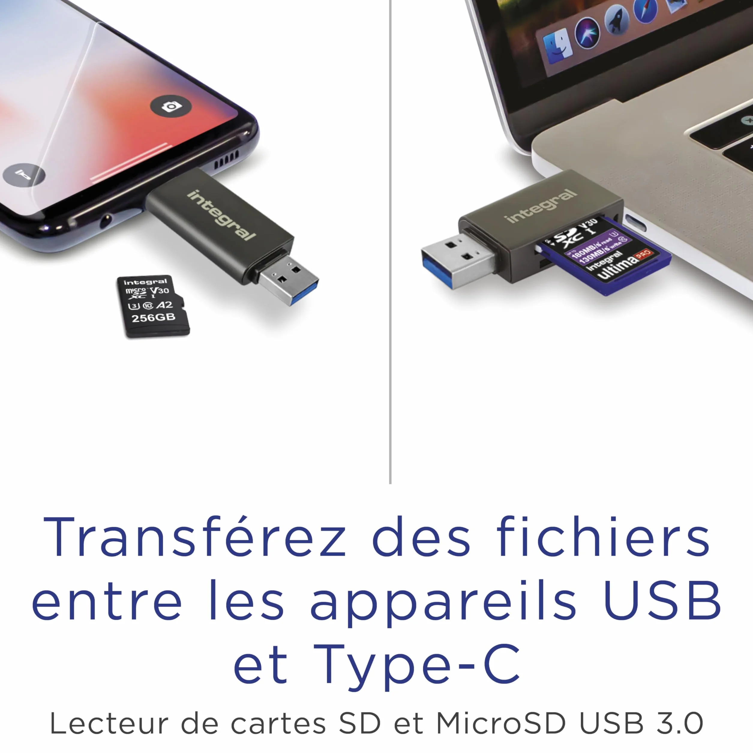 Integral Czytnik Kart SD i Micro SD, Prędkość Transferu Do 180 MB/s, USB 3.0 / USB C OTG Dual Slot Memory Card Adapter Do UHS-1, MicroSDHC, MicroSDXC, SDHC, SDXC