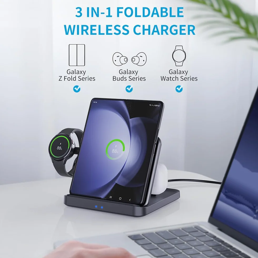 Bezprzewodowa Ładowarka, 15W Ładowanie Stacja Ładująca, Stojak do Ładowarki Bezprzewodowej LED Adaptacyjny, Ładująca Podstawka dla iPhone 17 16 15 14 13 12 Pro Max Samsung S24 S23 etc