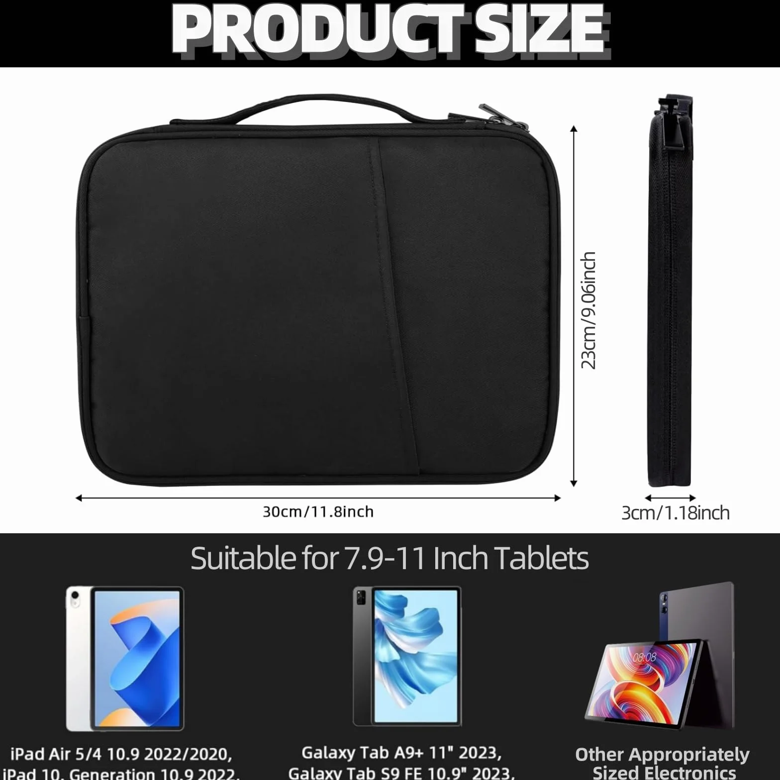 Pokrowiec ochronny na tablet 7,9"-11", cienki pokrowiec na tablet 11", iPad A16, Air M3 M2, Pro M4, 10,9" iPad, Galaxy Tab A9+, kieszeń na akcesoria, czarne, 1 sztuka