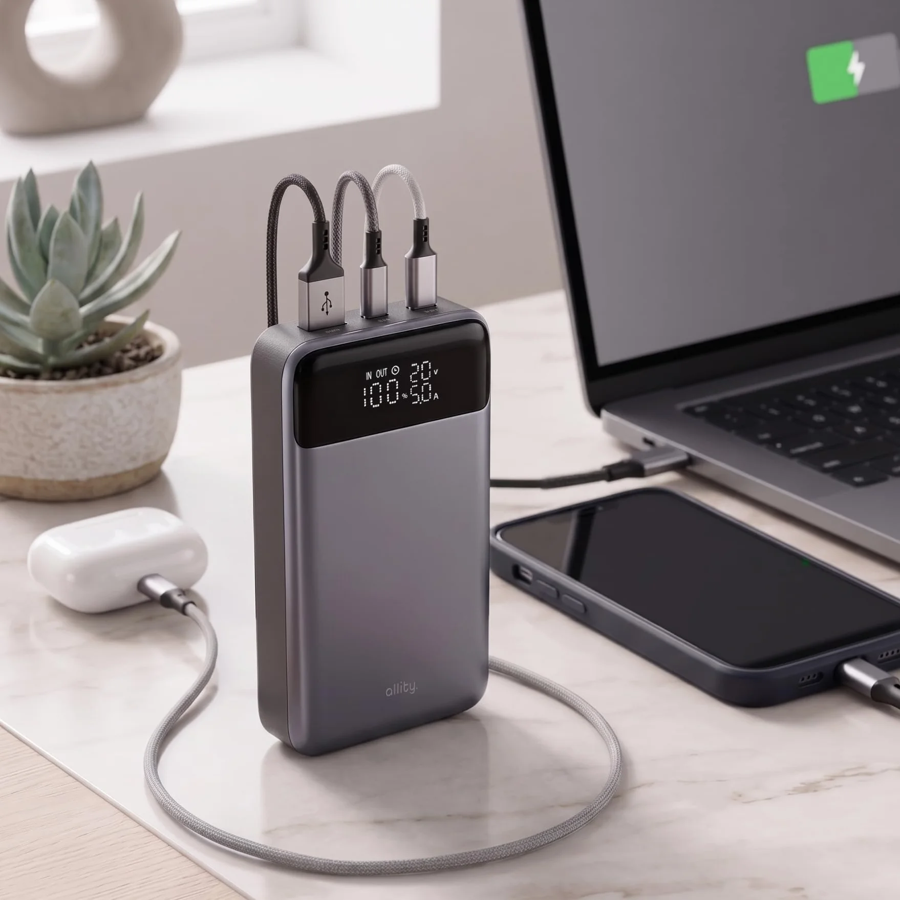 Powerbank 19200 mAh 130 W – USB-C PD & QC szybka ładowarka do laptopa, telefonu komórkowego i tabletu – aluminiowa obudowa, wyświetlacz LCD, kompaktowy, w zestawie kabel 100 W – szary Power
