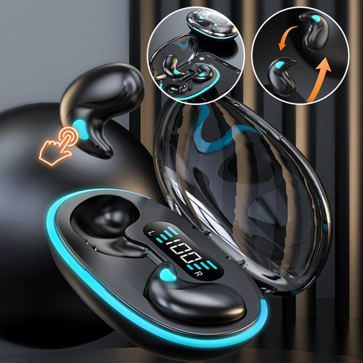 Zestaw słuchawkowy Bluetooth z przewodnictwem kostnym, bezprzewodowe, niewidoczne słuchawki douszne, lekkie słuchawki z trybem uśpienia, bezbolesne słuchawki dla osób śpiących na boku (czarne)