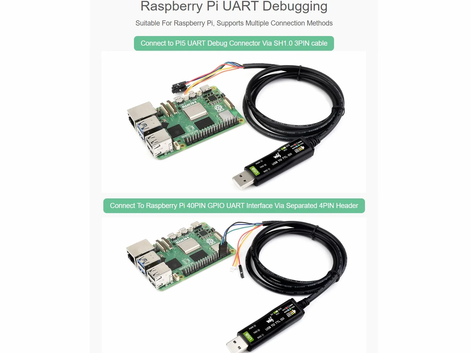Waveshare Industrial USB to TTL Serial Converter Adapter Cable USB to TTL (D) adapter 3,3 V 5 V Onboard FT232RNL Chip Suitable for Raspberry Pi 5 Serial Port Debugging