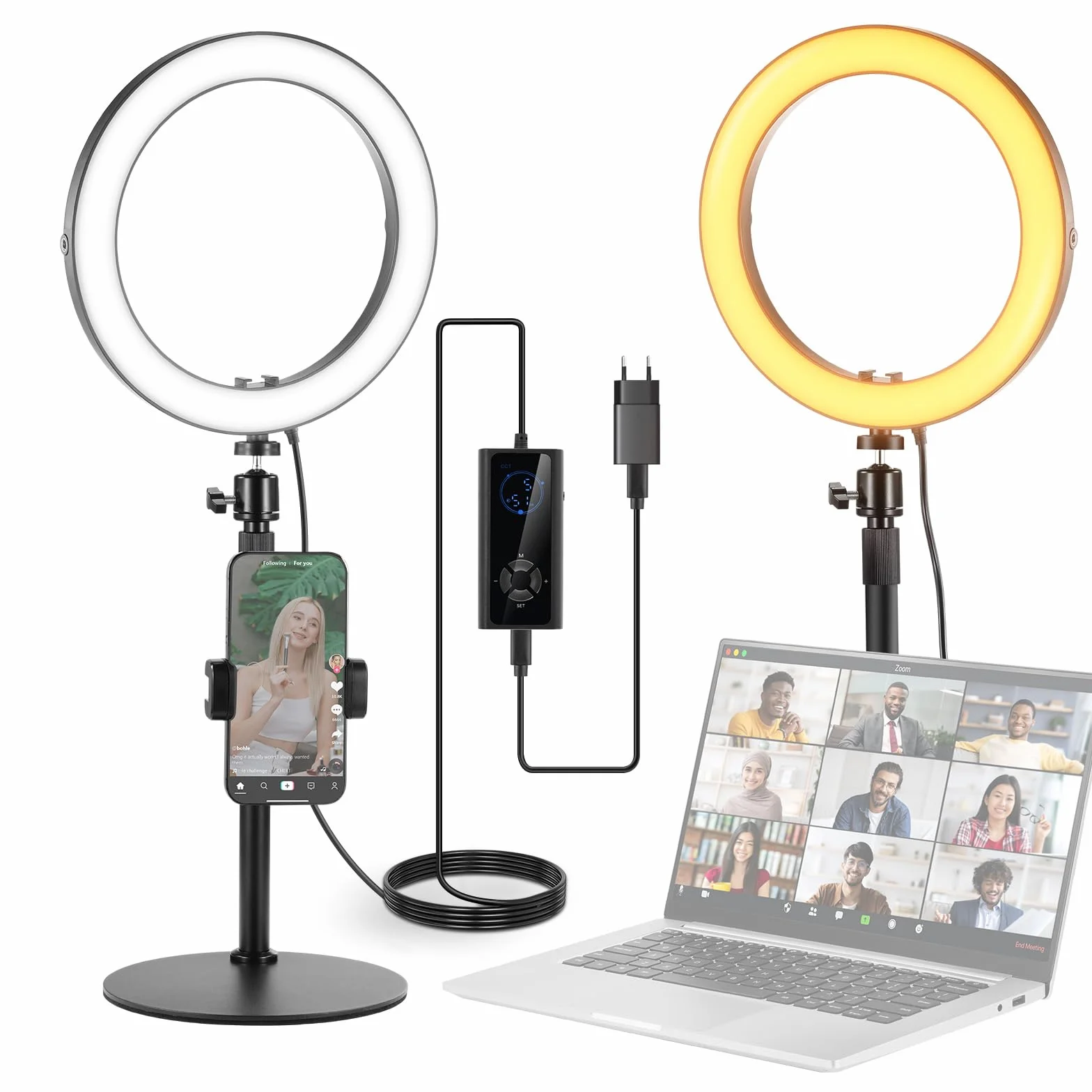 NEEWER Lampa pierścieniowa LED 10" 20 W ze stojakiem na biurko, uchwyt na telefon, kompatybilna z laptopem iPhone, dwukolorowa, 2900 K – 7000 K, wejście USB C PD, CRI97+ 1660LX/0,5 m, do selfie Make