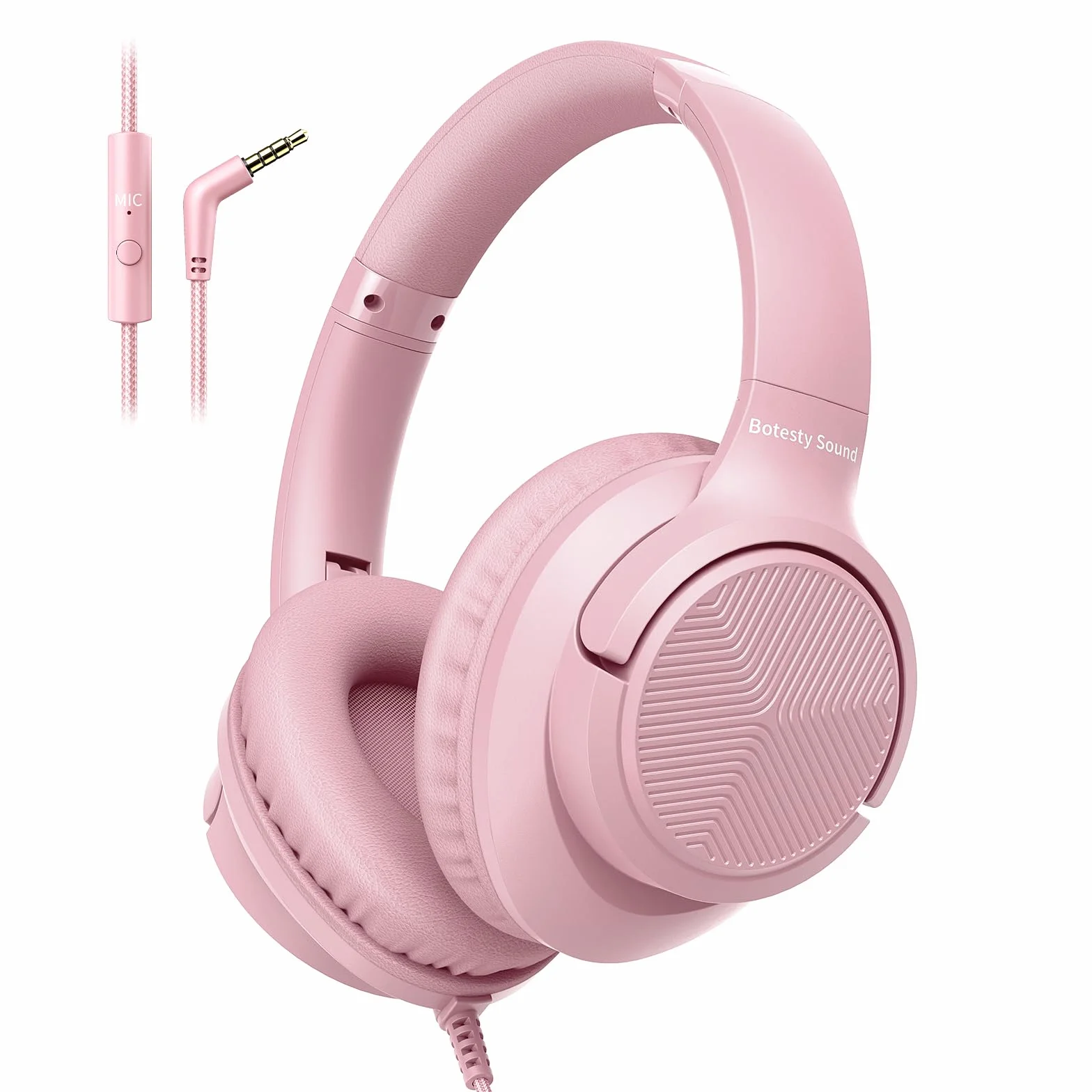 Botesty Sound Przewodowe słuchawki z mikrofonem, słuchawki nauszne przewodowe z nieplączącym się nylonowym przewodem o długości 1,5 m, 3,5 mm, do smartfona, tabletu, komputera, MP3/4 (różowe)
