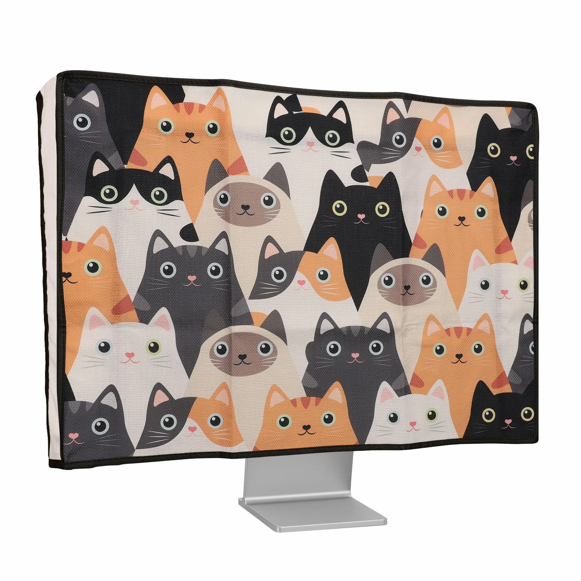 kwmobile Osłona przeciwpyłowa do monitora 61.0-66.0 cm, lniana osłona monitora z designem, koty pomarańczowy/czarny/biały