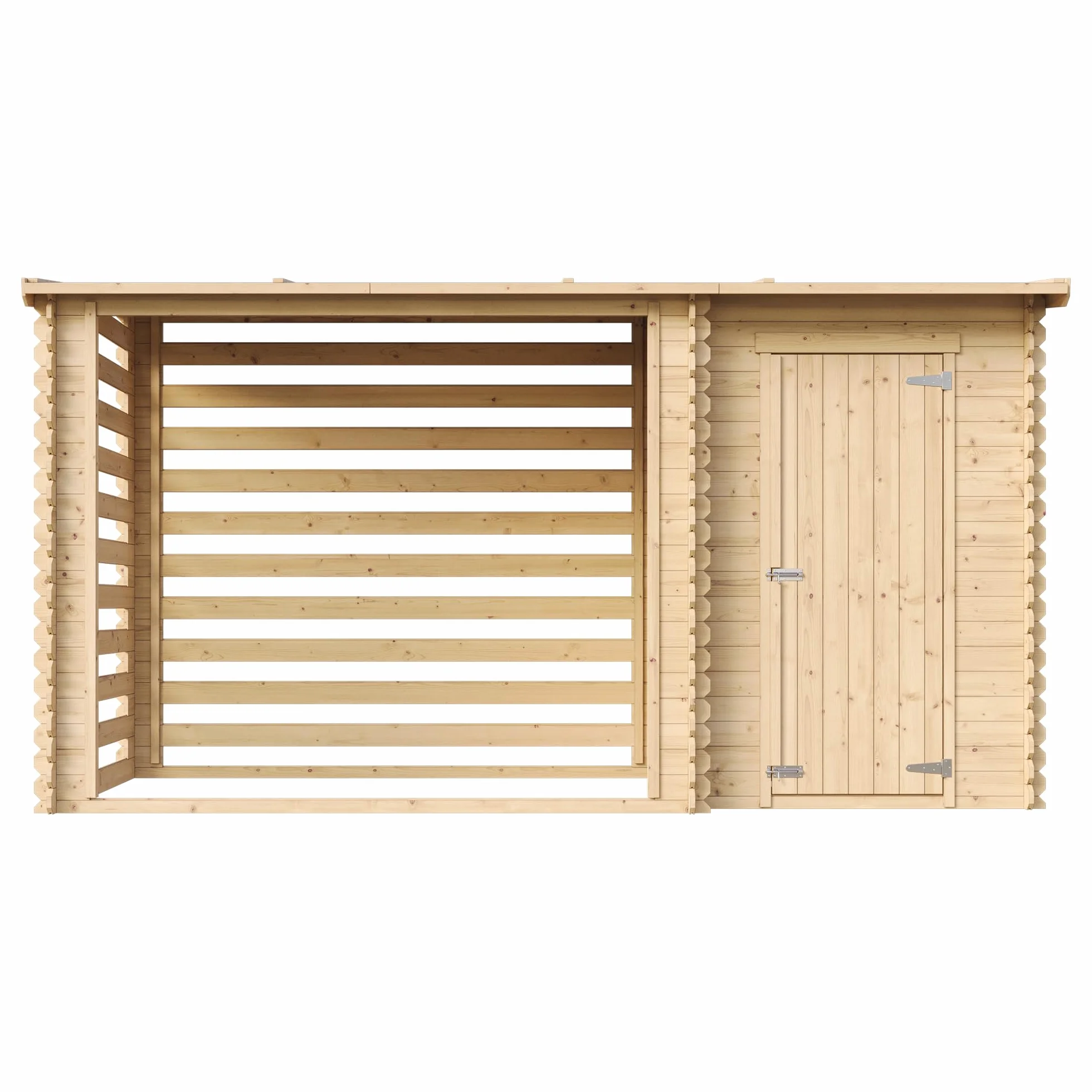 TIMBELA Drewniana szopa ogrodowa M205 – domek ogrodowy z regałem na drewno opałowe – domek ogrodowy z drewna szer. 344 x dł. 146 x wys. 199 cm / 3,64 m2 – szopa ogrodowa z wodoodpornym dachem –