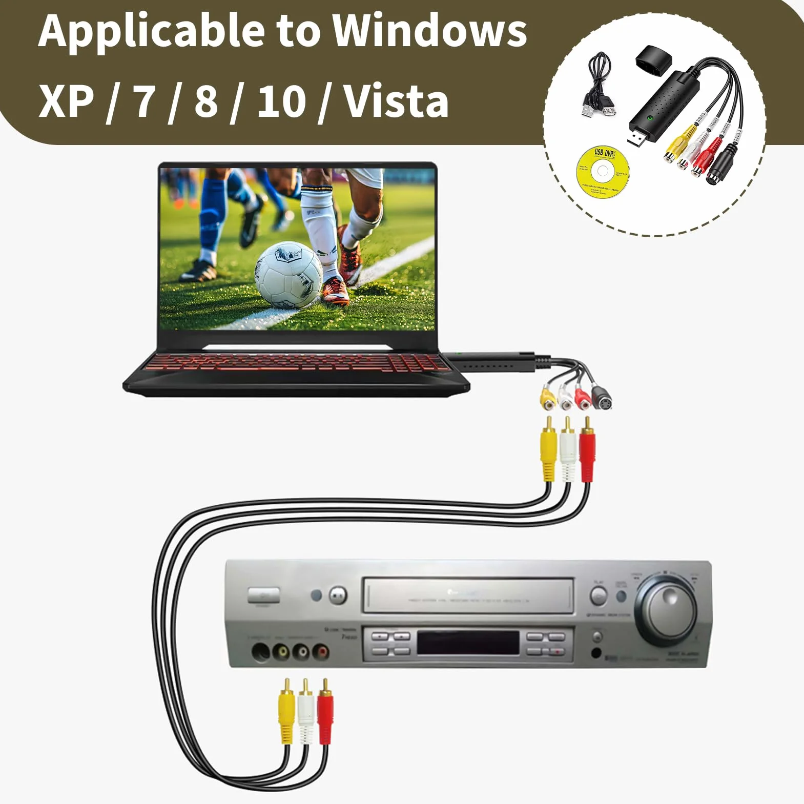 Konwerter audio wideo USB 2.0, VHS na PC, obsługuje Windows 11/10/8/7 i Mac, idealny do VCR/VHS/DVD - digitalizacja i edycja w wysokiej rozdzielczości