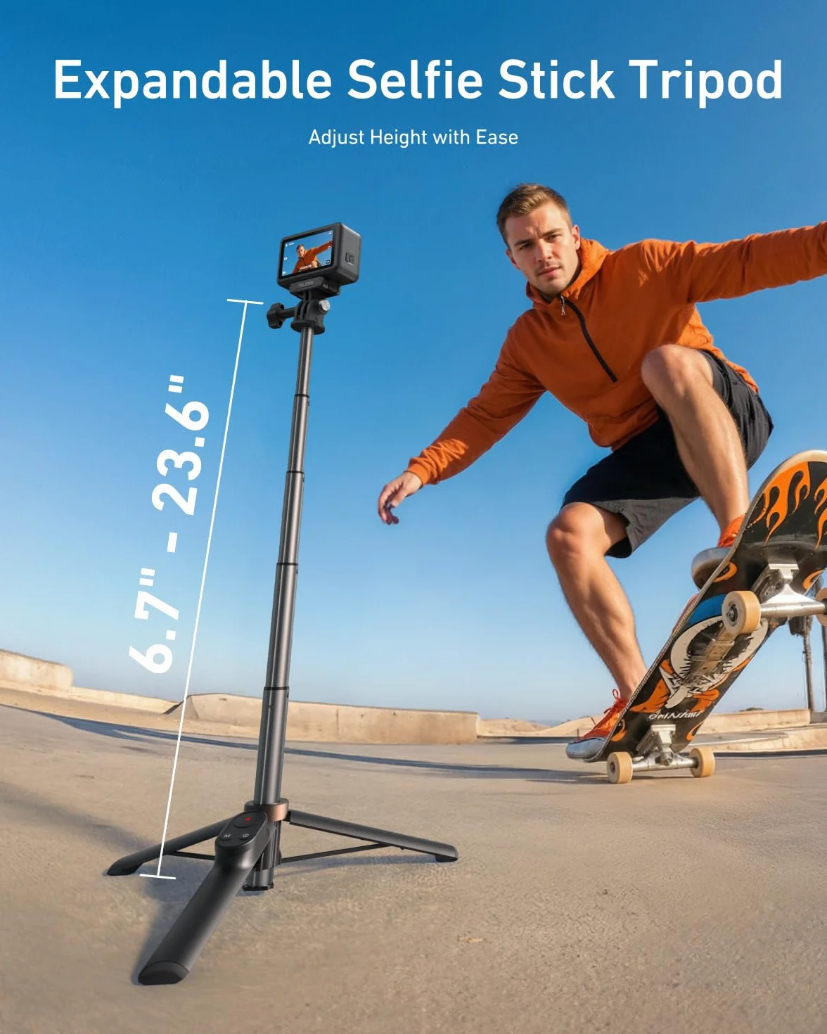 TELESIN Mini kij do selfie i statyw telefonu dla DJI Osmo 360 Action 6/5/4, GoPro Hero 13/12/11, statyw do vlogowania z pilotem na odległość 80 m i klipsem do telefonu dla iPhone i Android, przenośne