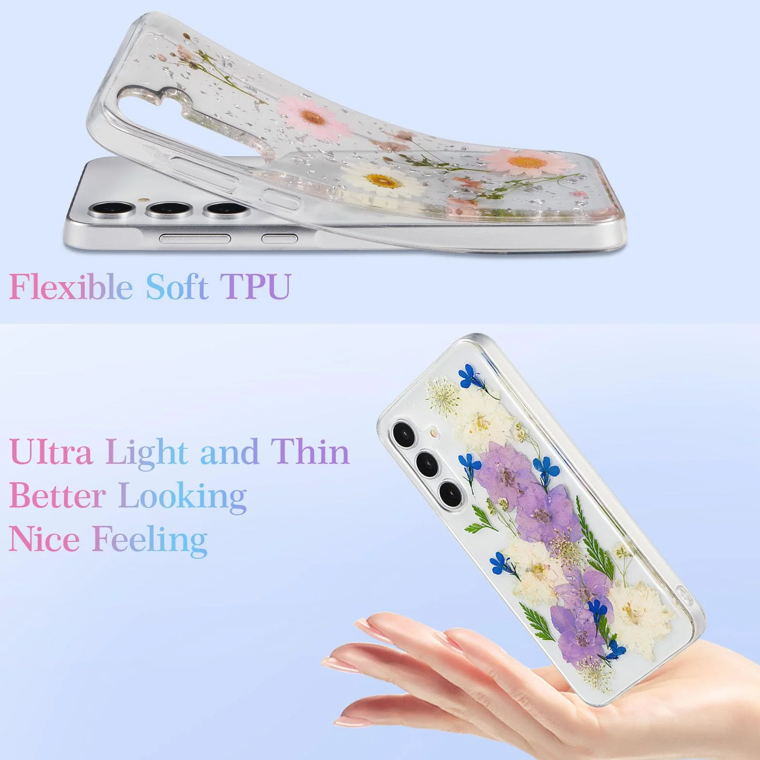 Etui z suszonymi kwiatami do Samsung Galaxy A55 5G, przezroczyste, TPU, miękkie, odporne na wstrząsy