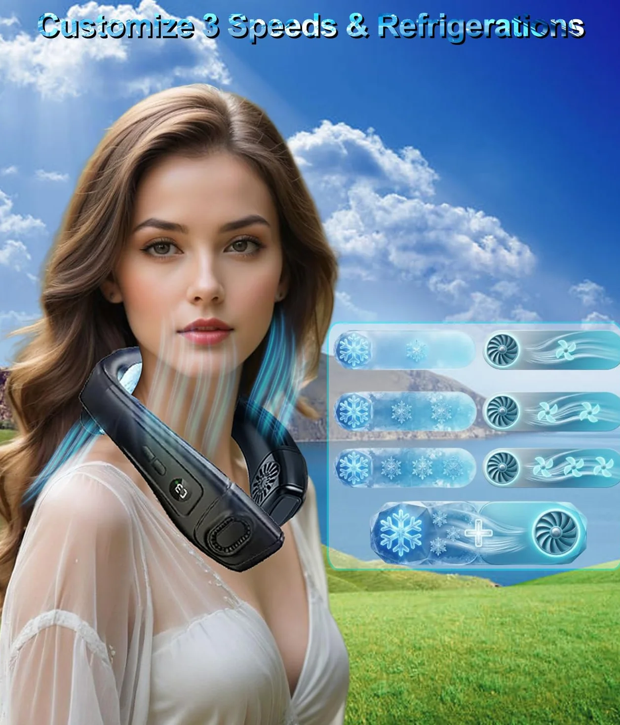 Przenośny wentylator na kark z dużą płytą chłodzącą, cichy klimatyzator, 6000 mAh, ładowany przez USB