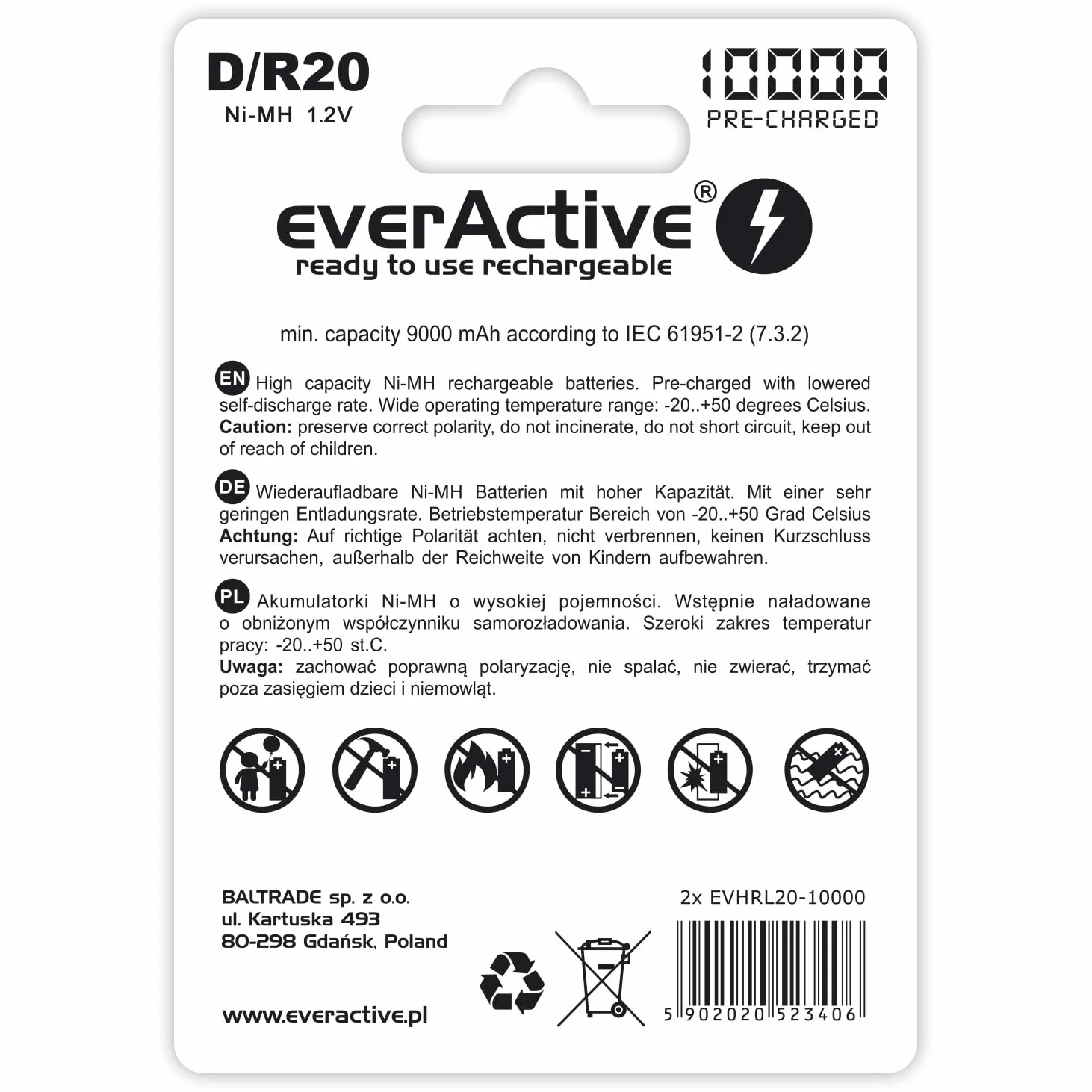 EVERACTIVE Akumulatorki R20/D 1,2V 10000mAh 2 sztuki