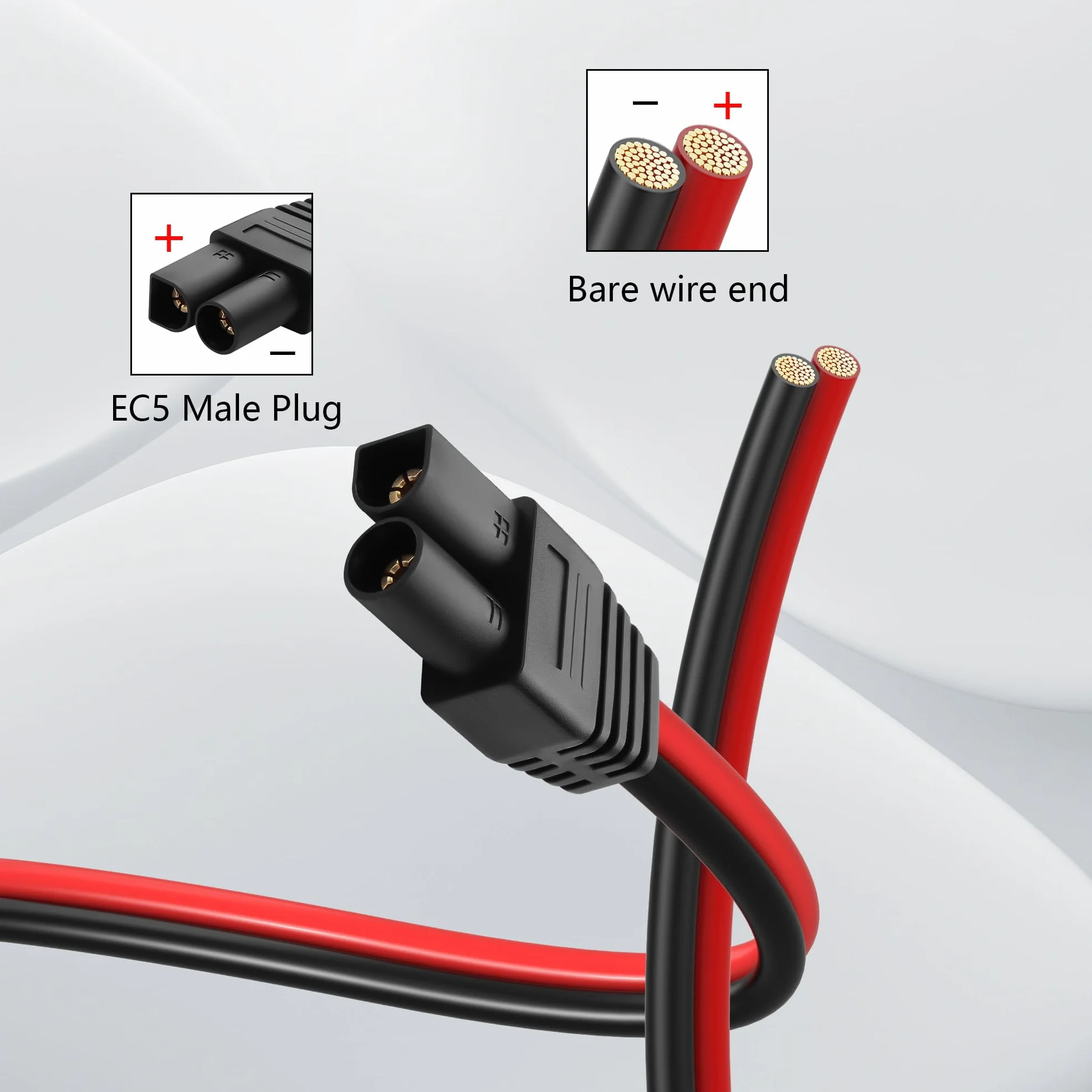 GINTOOYUN 2 szt. wtyczka EC5 Power Pigtails kabel 12AWG EC5, wtyczka do gołego drutu, kabel naprawczy z wodoodporną nasadką do akumulatorów samochodowych (11,81 cala), wtyczka EC5 0,3 m