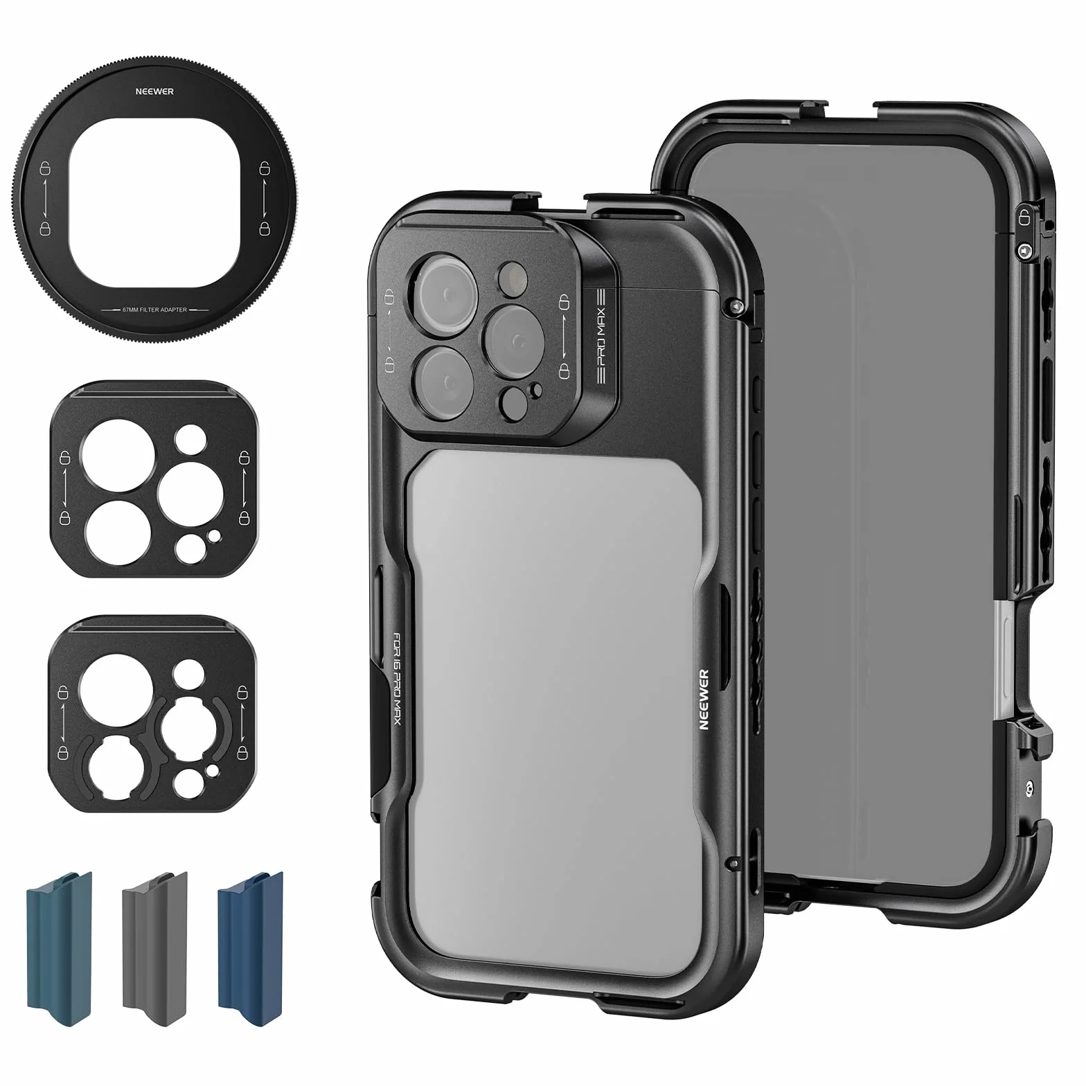 NEEWER Klatka 16 Pro Max, stabilizator telefonu do szybkiego zwalniania kompatybilny z iPhone 16 Pro Max z adapterami filtra 67 mm, obiektyw 17 mm i obiektyw z mocowaniem T, pełny dostęp do sterowania