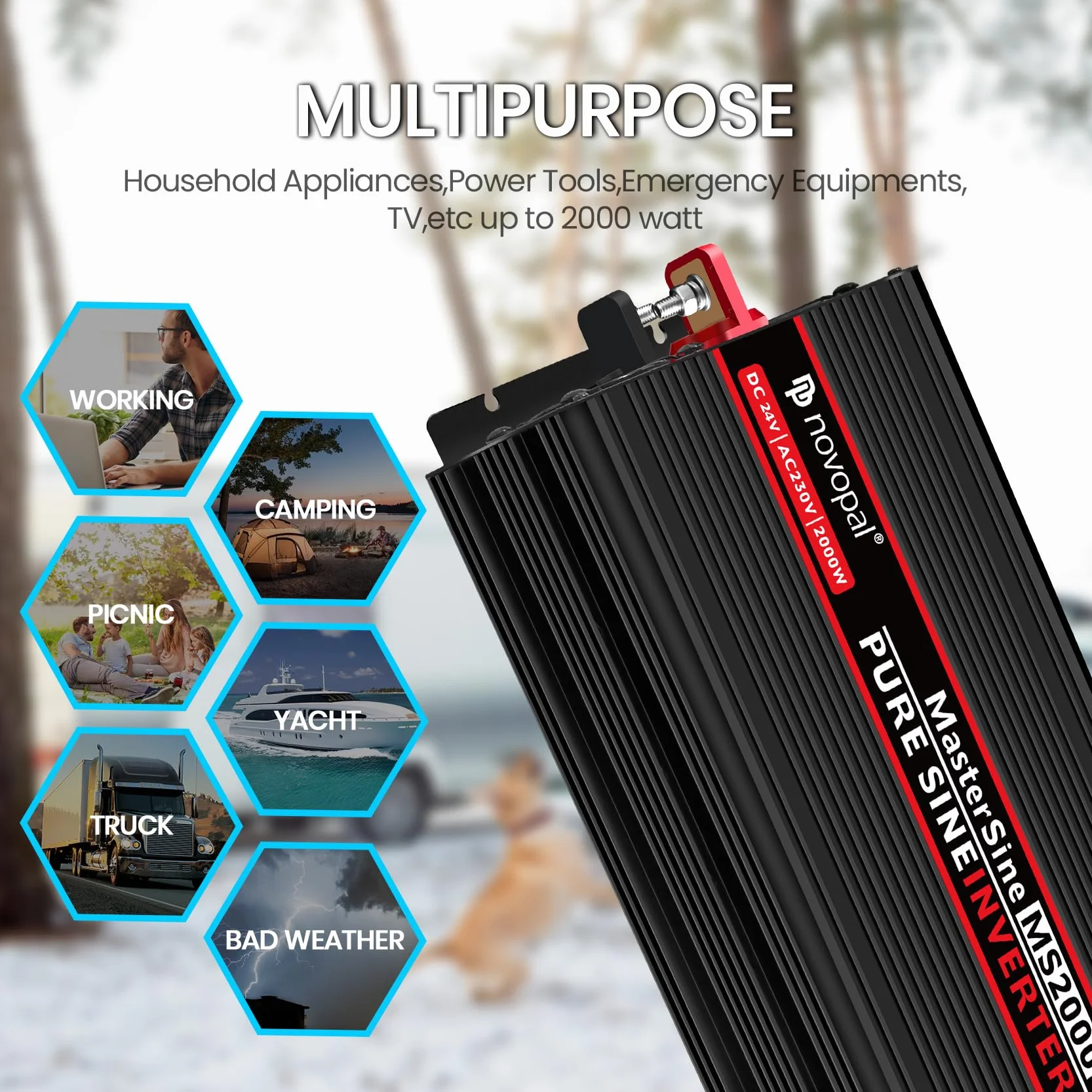 NOVOPAL Przetwornica napięcia, 2000 W, 24 V na 230 V, czysta sinusoidalna przetwornica napięcia, z pilotem zdalnego sterowania 5 m i portami USB, do kampera, samochodu, na kemping