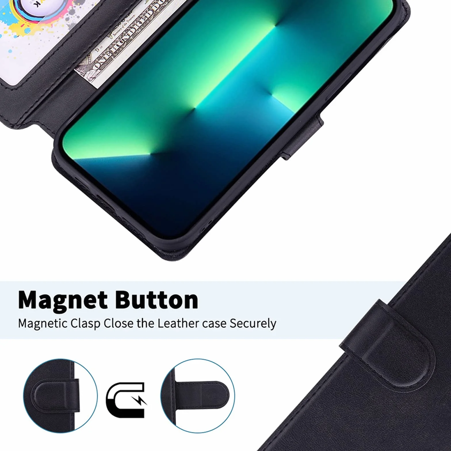 LTL Etui z klapką do iPhone 13/13 Pro/13 Pro Max, wysokiej jakości skórzane etui z klapką, etui z przegródką na karty, podpórka, etui na telefon, magnetyczne, czarne, 13 6,1"